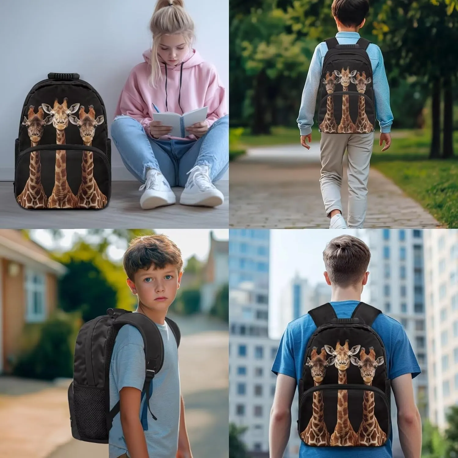 HUGS IDEA 3d Giraffe Backpack for Boys with Lunchbox Black School Bookbag with Lunch Bag for Boys School Bag for Kids 6-8 Elementary School Backpack for Boys 17 Inch Kids Schoolbag