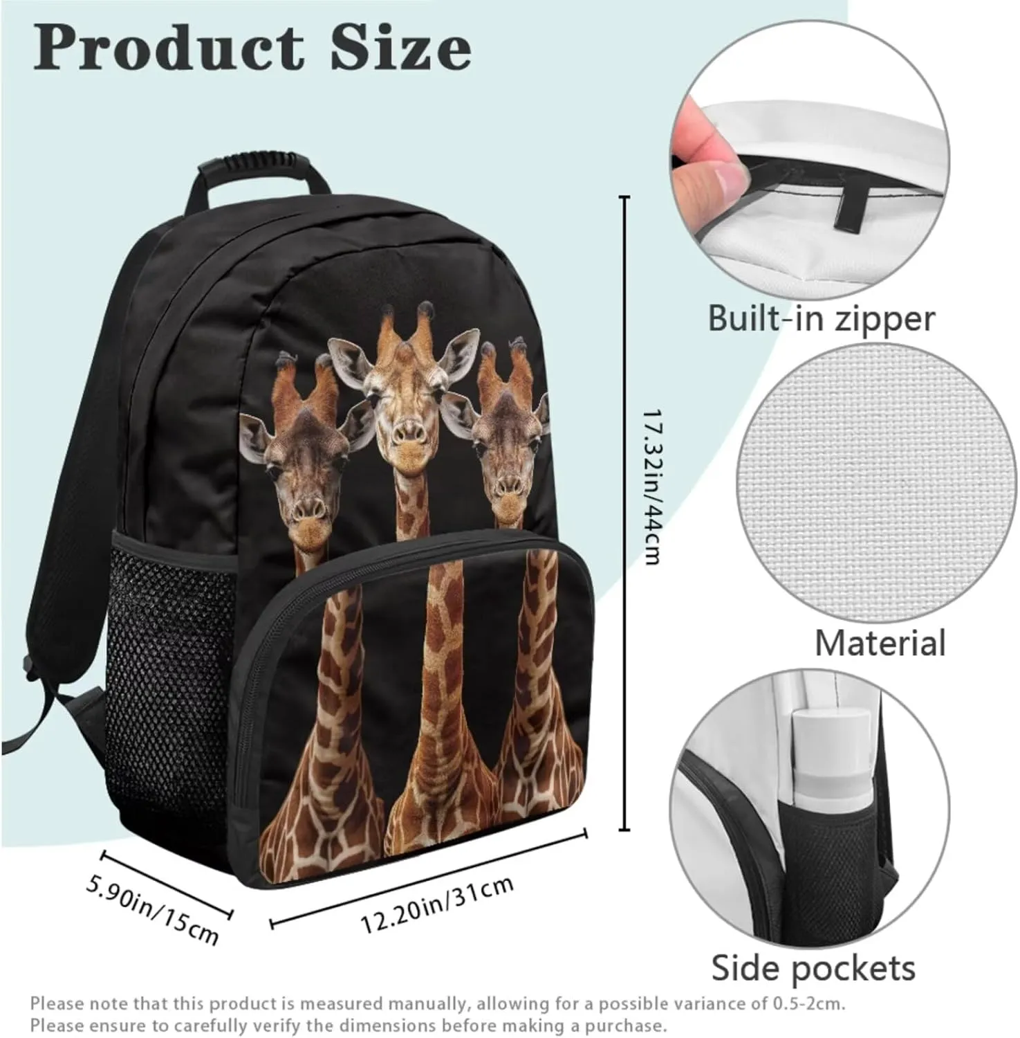 HUGS IDEA 3d Giraffe Backpack for Boys with Lunchbox Black School Bookbag with Lunch Bag for Boys School Bag for Kids 6-8 Elementary School Backpack for Boys 17 Inch Kids Schoolbag