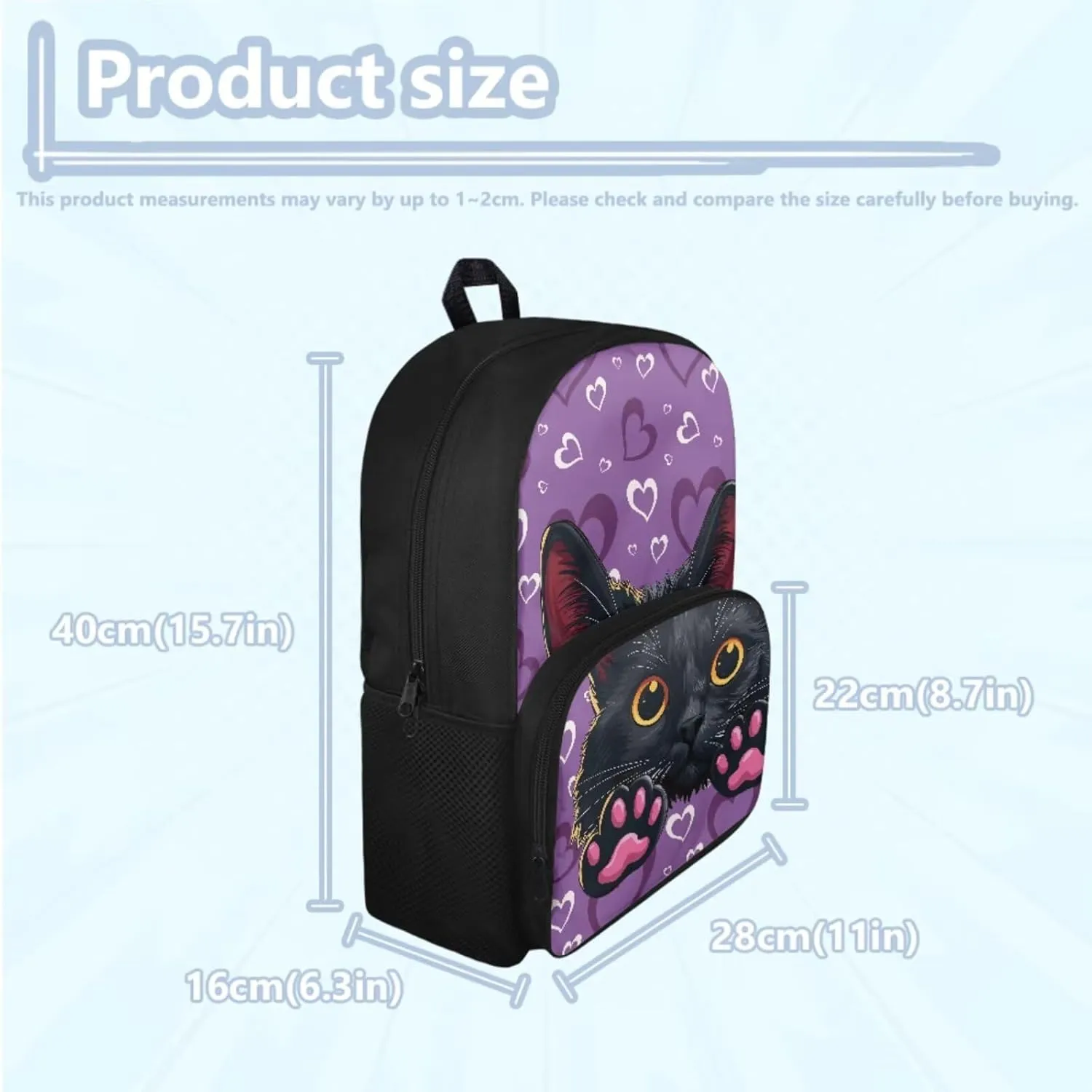 HUGS IDEA Black Cat Backpack for Girls Age 6-8 Love Print Kids School Bag with Lunch Bag Lightweight Girls School Bookbag for Kindergarten School 4Pcs Schoolbag Set 15 Inch Rucksack Daypack