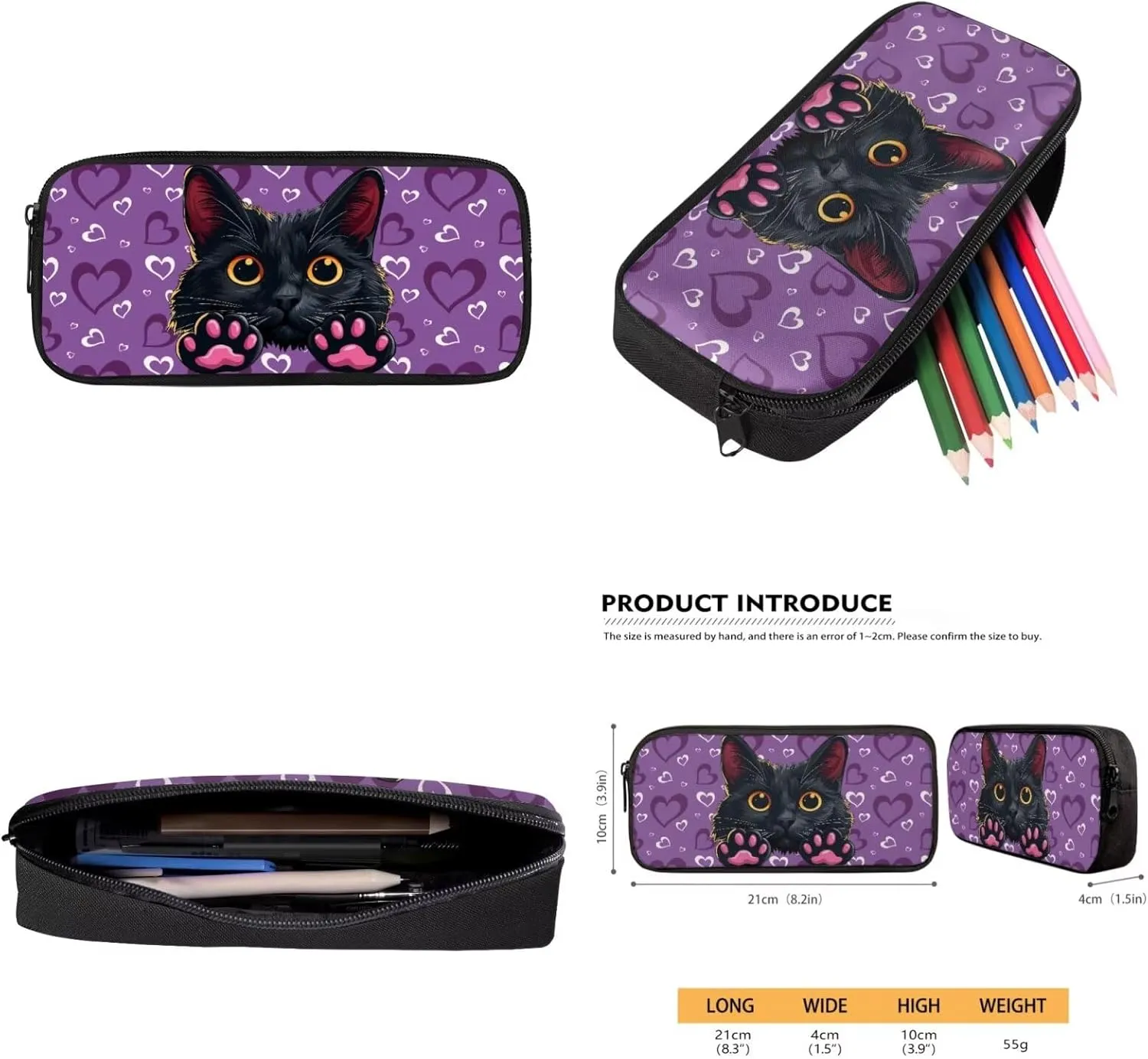 HUGS IDEA Black Cat Backpack for Girls Age 6-8 Love Print Kids School Bag with Lunch Bag Lightweight Girls School Bookbag for Kindergarten School 4Pcs Schoolbag Set 15 Inch Rucksack Daypack