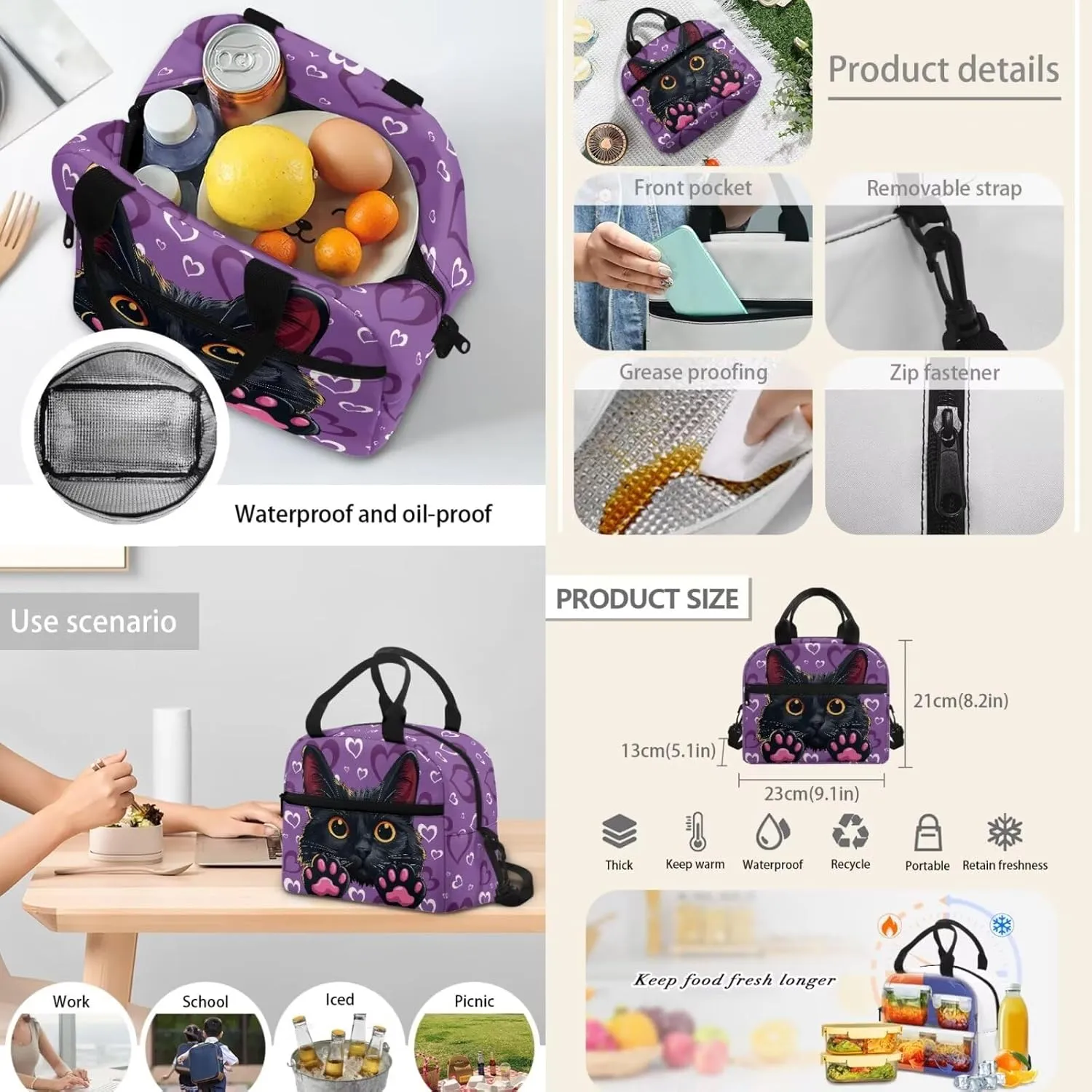 HUGS IDEA Black Cat Backpack for Girls Age 6-8 Love Print Kids School Bag with Lunch Bag Lightweight Girls School Bookbag for Kindergarten School 4Pcs Schoolbag Set 15 Inch Rucksack Daypack