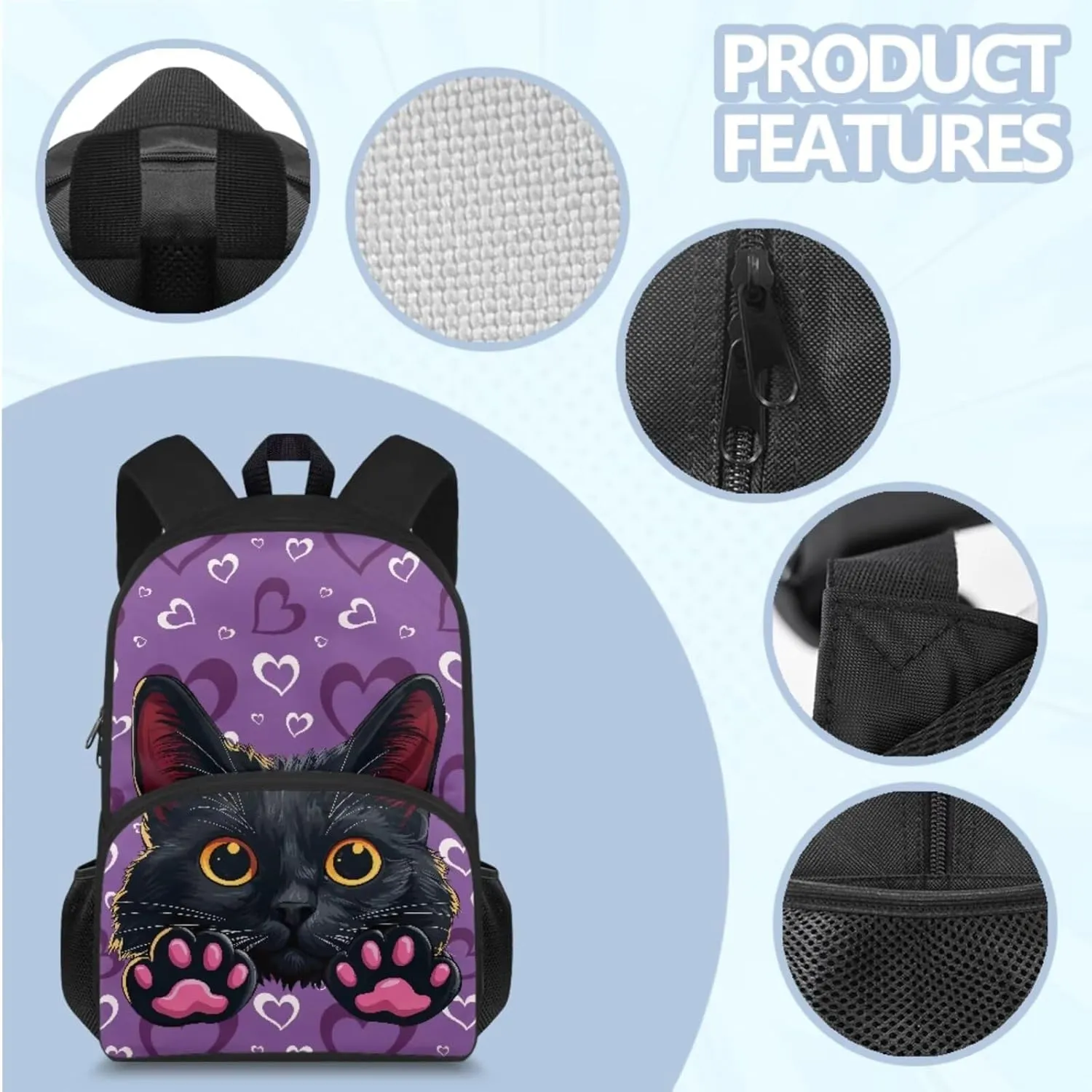 HUGS IDEA Black Cat Backpack for Girls Age 6-8 Love Print Kids School Bag with Lunch Bag Lightweight Girls School Bookbag for Kindergarten School 4Pcs Schoolbag Set 15 Inch Rucksack Daypack