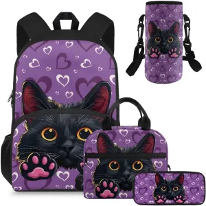HUGS IDEA Black Cat Backpack for Girls Age 6-8 Love Print Kids School Bag with Lunch Bag Lightweight Girls School Bookbag for Kindergarten School 4Pcs Schoolbag Set 15 Inch Rucksack Daypack