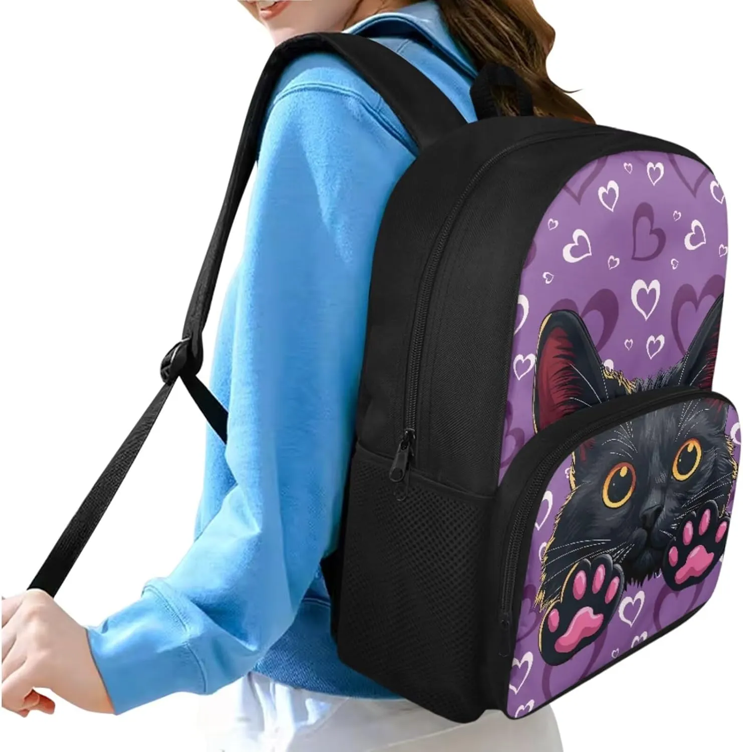 HUGS IDEA Black Cat Backpack for Girls Age 6-8 Love Print Kids School Bag with Lunch Bag Lightweight Girls School Bookbag for Kindergarten School 4Pcs Schoolbag Set 15 Inch Rucksack Daypack