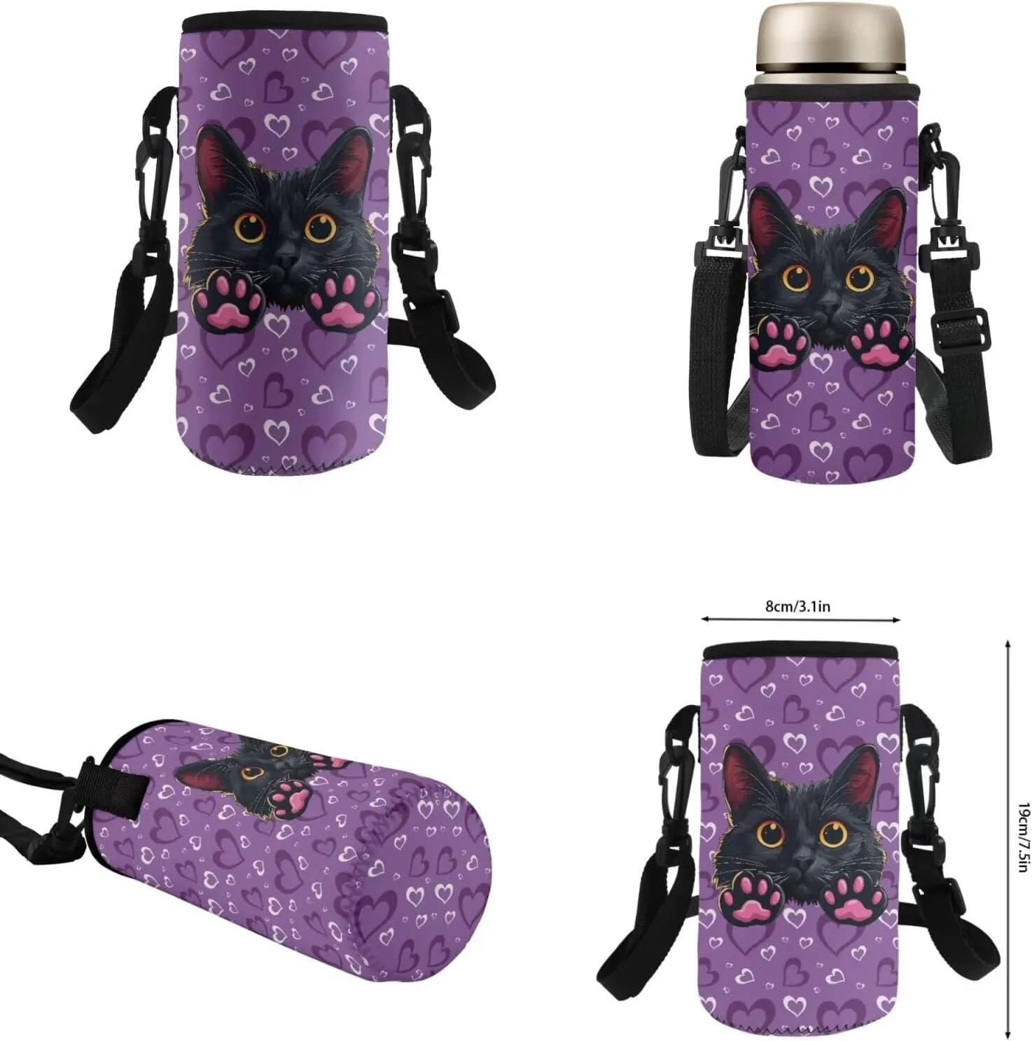 HUGS IDEA Black Cat Backpack for Girls Age 6-8 Love Print Kids School Bag with Lunch Bag Lightweight Girls School Bookbag for Kindergarten School 4Pcs Schoolbag Set 15 Inch Rucksack Daypack