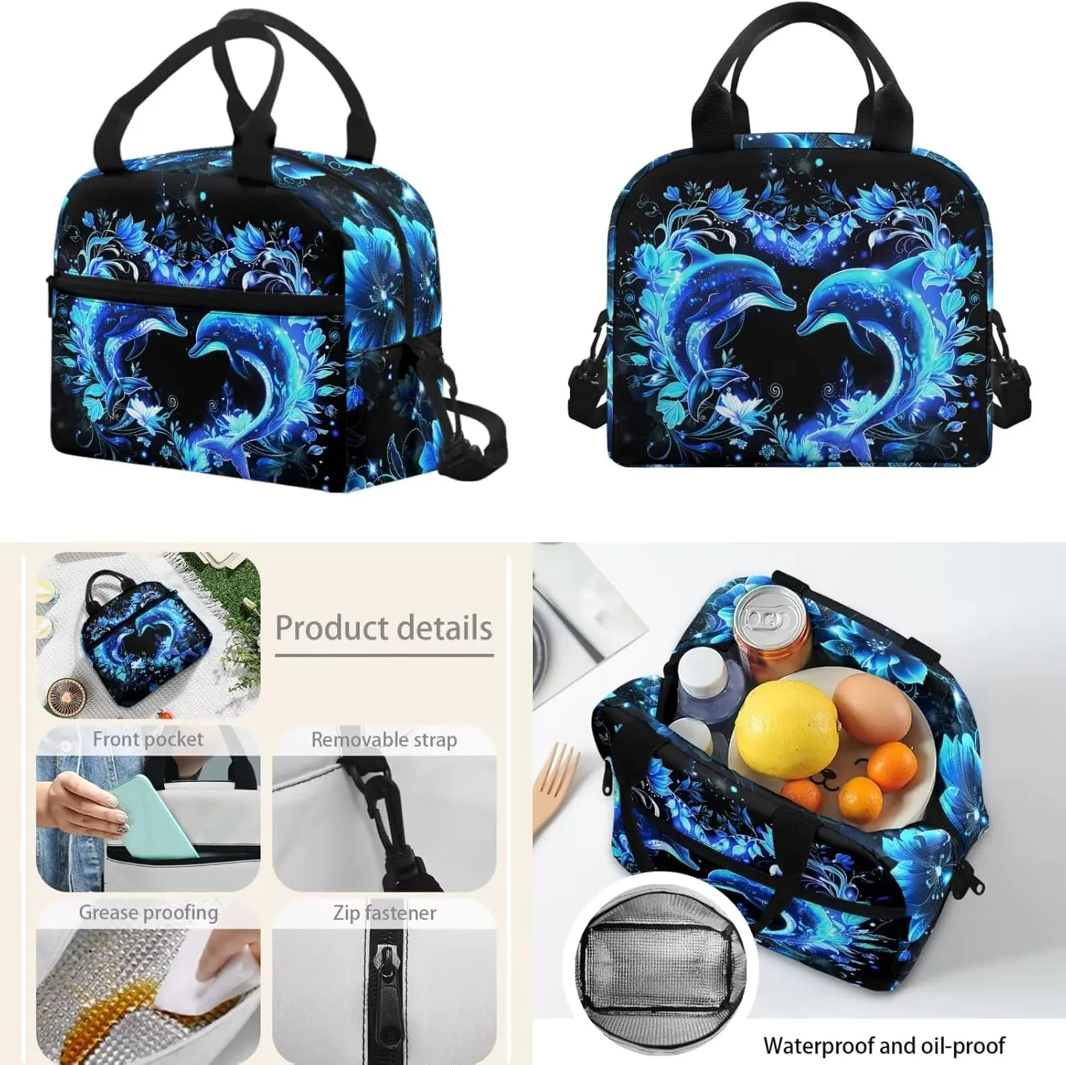 HUGS IDEA Blue Dolphin Bookbag Set for Girls Blue School Backpack Set for Girls with Lunch Box and Pencil Bag Lightweight School Bag Set for Elementary School 6th Grade Book Bag for Kids