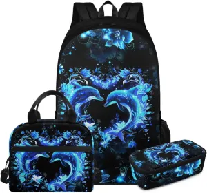 HUGS IDEA Blue Dolphin Bookbag Set for Girls Blue School Backpack Set for Girls with Lunch Box and Pencil Bag Lightweight School Bag Set for Elementary School 6th Grade Book Bag for Kids