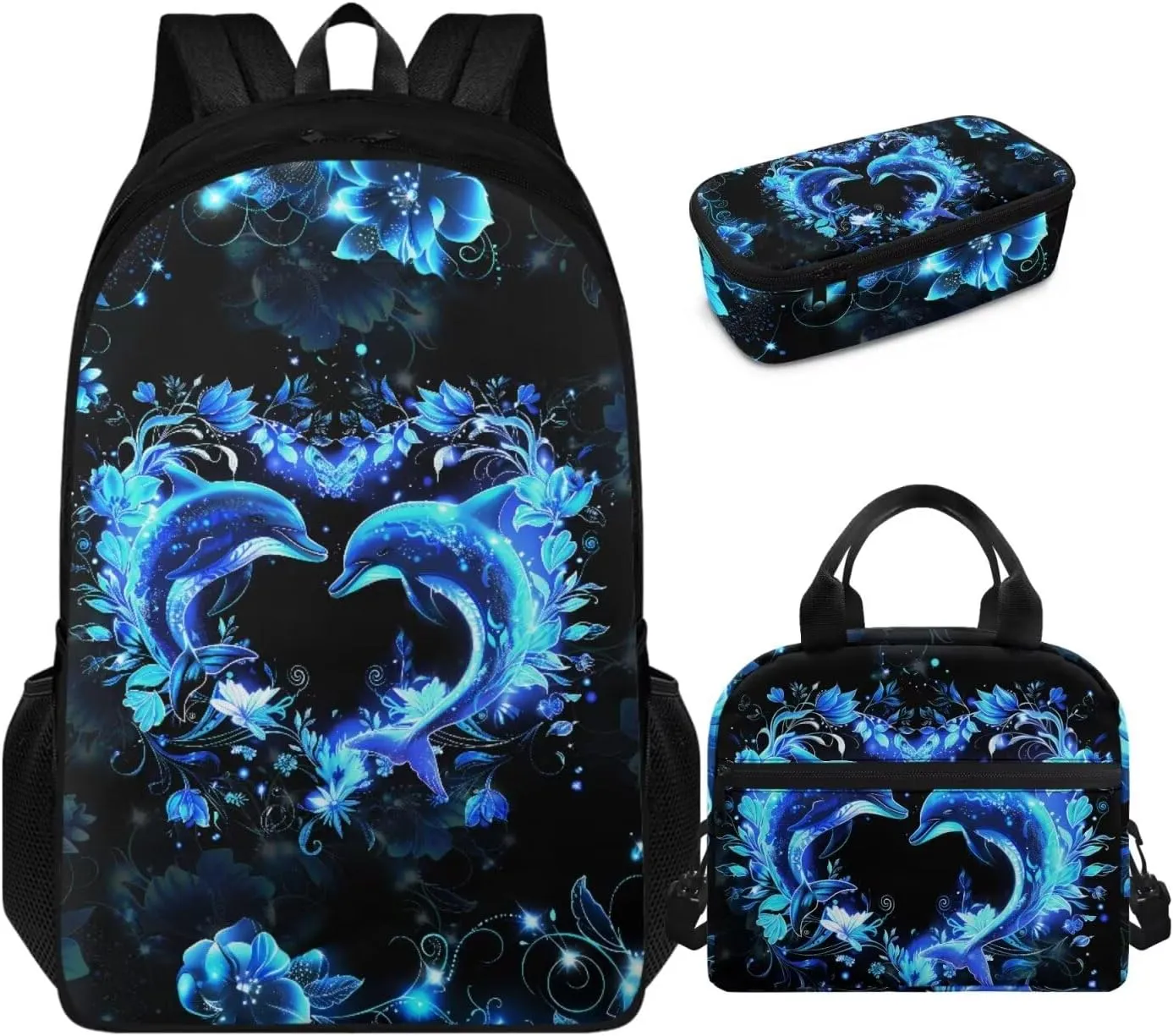 HUGS IDEA Blue Dolphin Bookbag Set for Girls Blue School Backpack Set for Girls with Lunch Box and Pencil Bag Lightweight School Bag Set for Elementary School 6th Grade Book Bag for Kids