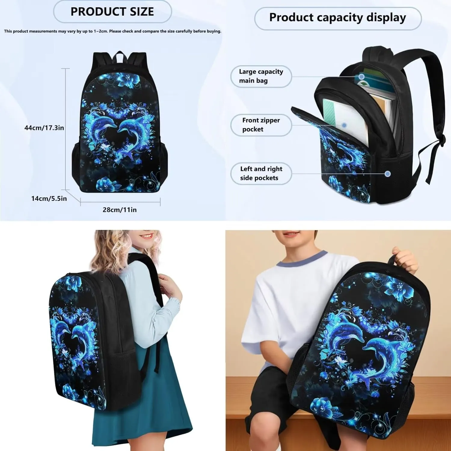 HUGS IDEA Blue Dolphin Bookbag Set for Girls Blue School Backpack Set for Girls with Lunch Box and Pencil Bag Lightweight School Bag Set for Elementary School 6th Grade Book Bag for Kids