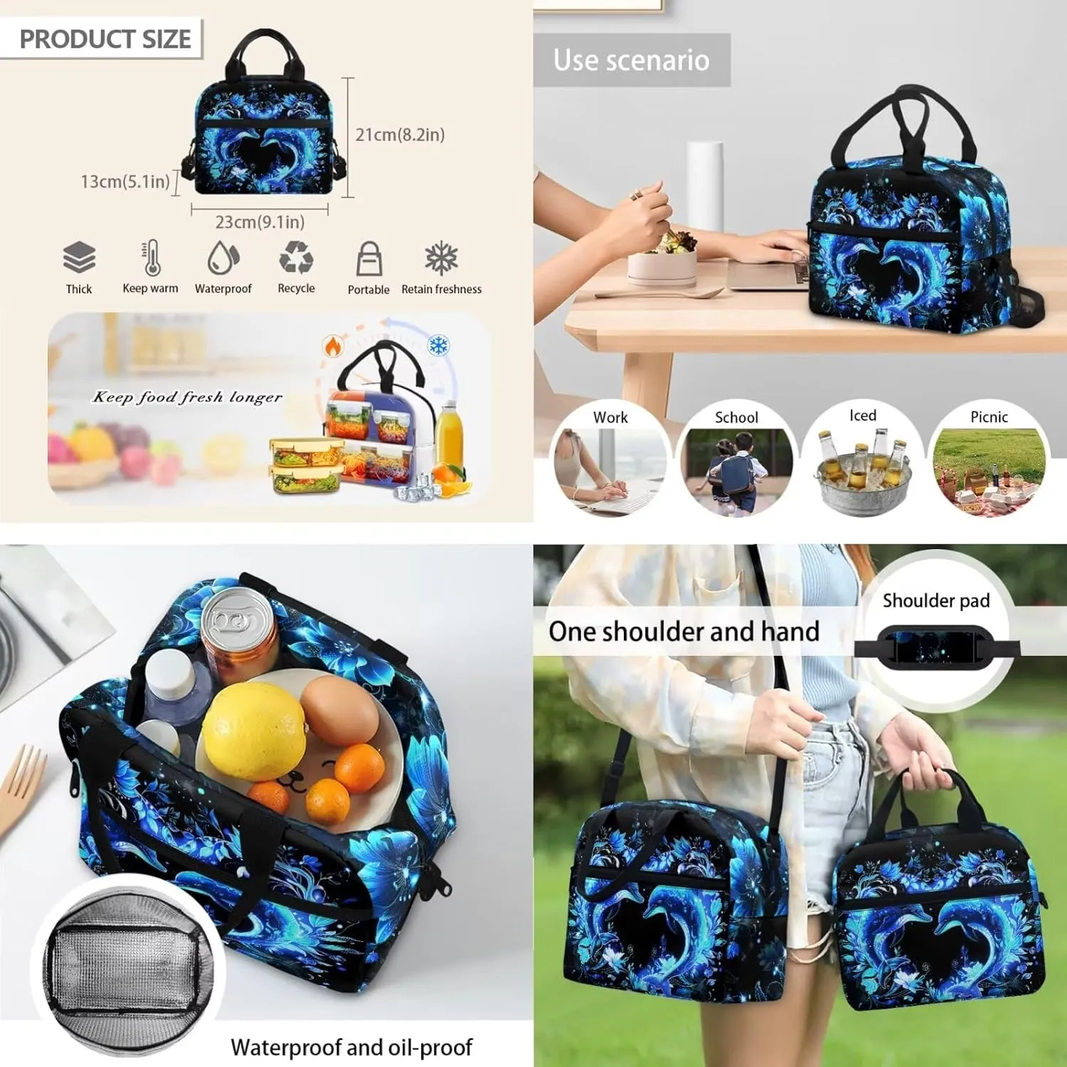 HUGS IDEA Blue Dolphin Bookbag Set for Girls Blue School Backpack Set for Girls with Lunch Box and Pencil Bag Lightweight School Bag Set for Elementary School 6th Grade Book Bag for Kids