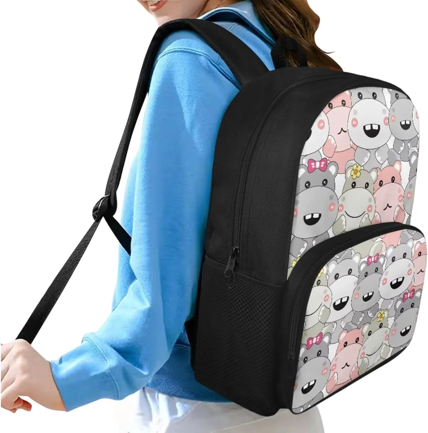 HUGS IDEA Cartoon Hippo Backpack for Kids Cute School Bookbag for Girls 6-8 Lightweight School Bag Set with Lunch Bag Cute Kids Backpack for School 4 Pcs Kids Schoolbag for Elementary School