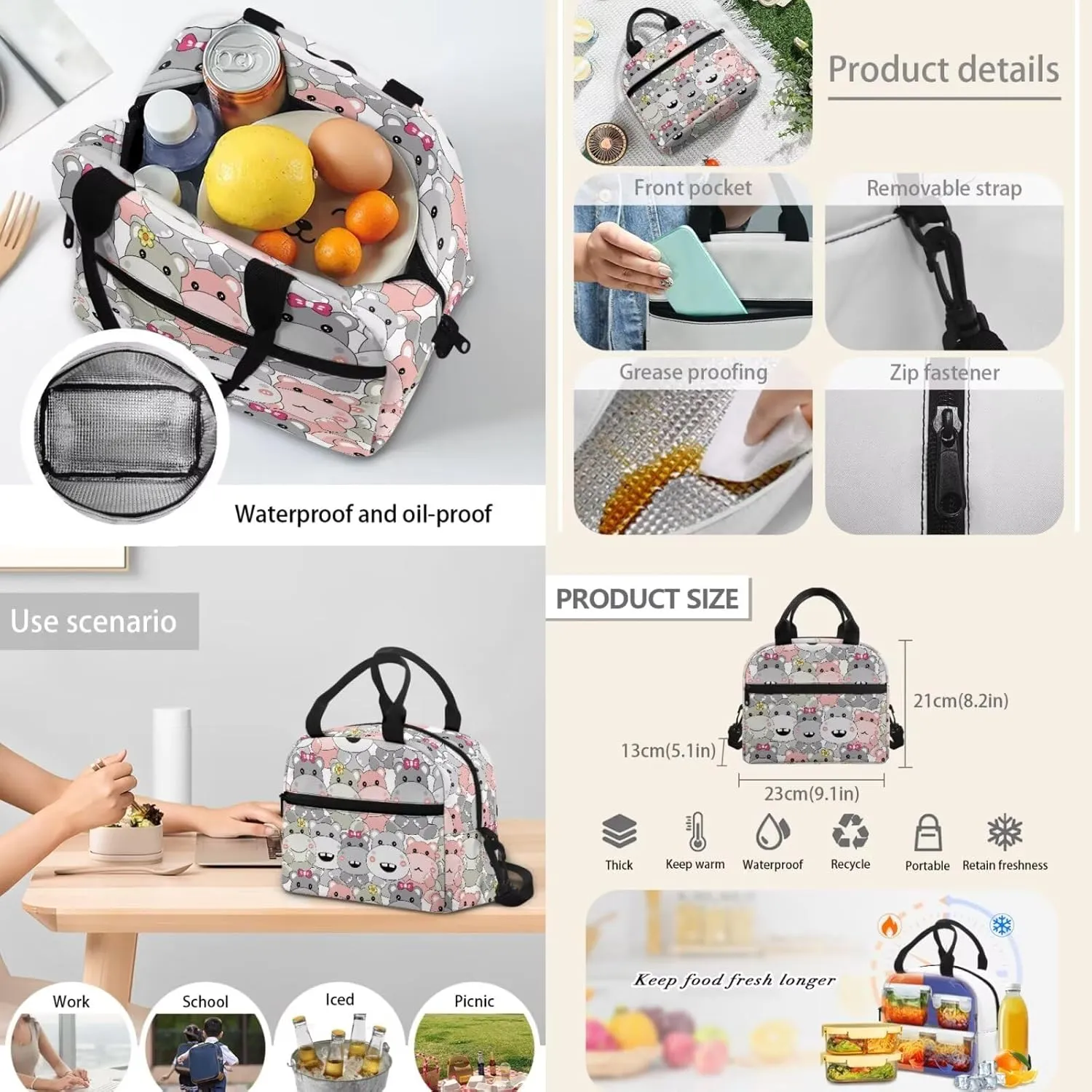 HUGS IDEA Cartoon Hippo Backpack for Kids Cute School Bookbag for Girls 6-8 Lightweight School Bag Set with Lunch Bag Cute Kids Backpack for School 4 Pcs Kids Schoolbag for Elementary School