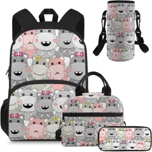 HUGS IDEA Cartoon Hippo Backpack for Kids Cute School Bookbag for Girls 6-8 Lightweight School Bag Set with Lunch Bag Cute Kids Backpack for School 4 Pcs Kids Schoolbag for Elementary School