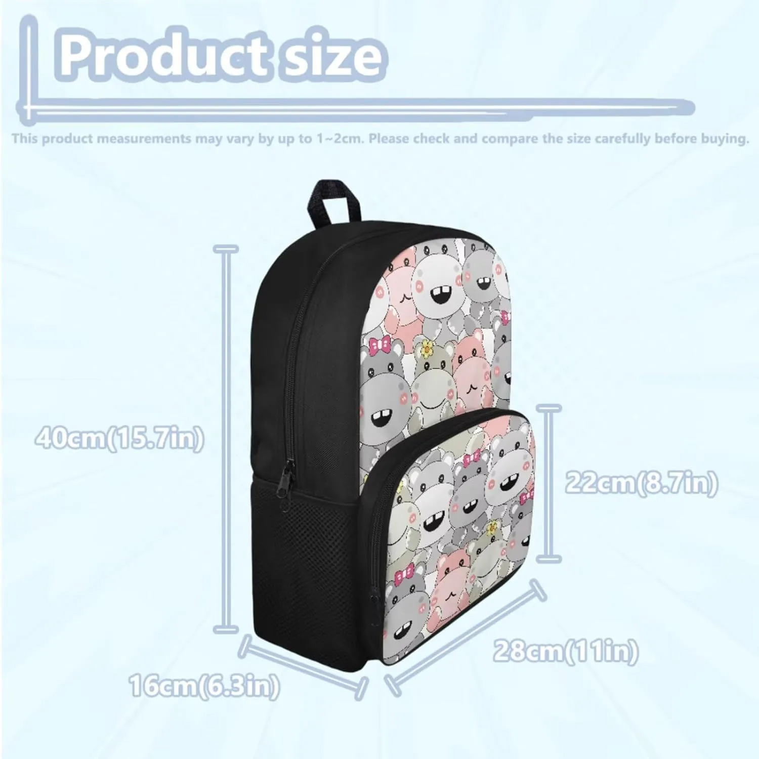 HUGS IDEA Cartoon Hippo Backpack for Kids Cute School Bookbag for Girls 6-8 Lightweight School Bag Set with Lunch Bag Cute Kids Backpack for School 4 Pcs Kids Schoolbag for Elementary School