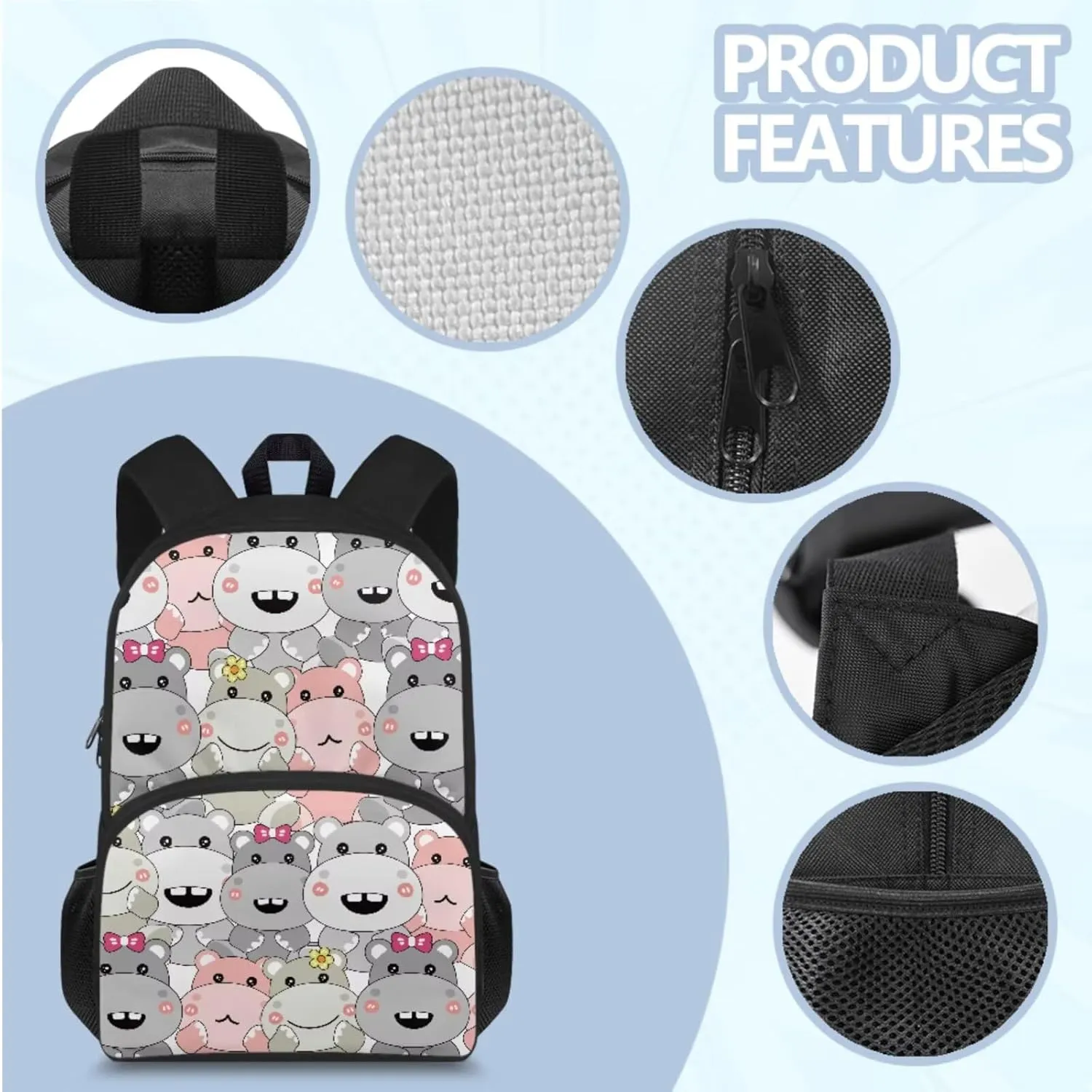 HUGS IDEA Cartoon Hippo Backpack for Kids Cute School Bookbag for Girls 6-8 Lightweight School Bag Set with Lunch Bag Cute Kids Backpack for School 4 Pcs Kids Schoolbag for Elementary School