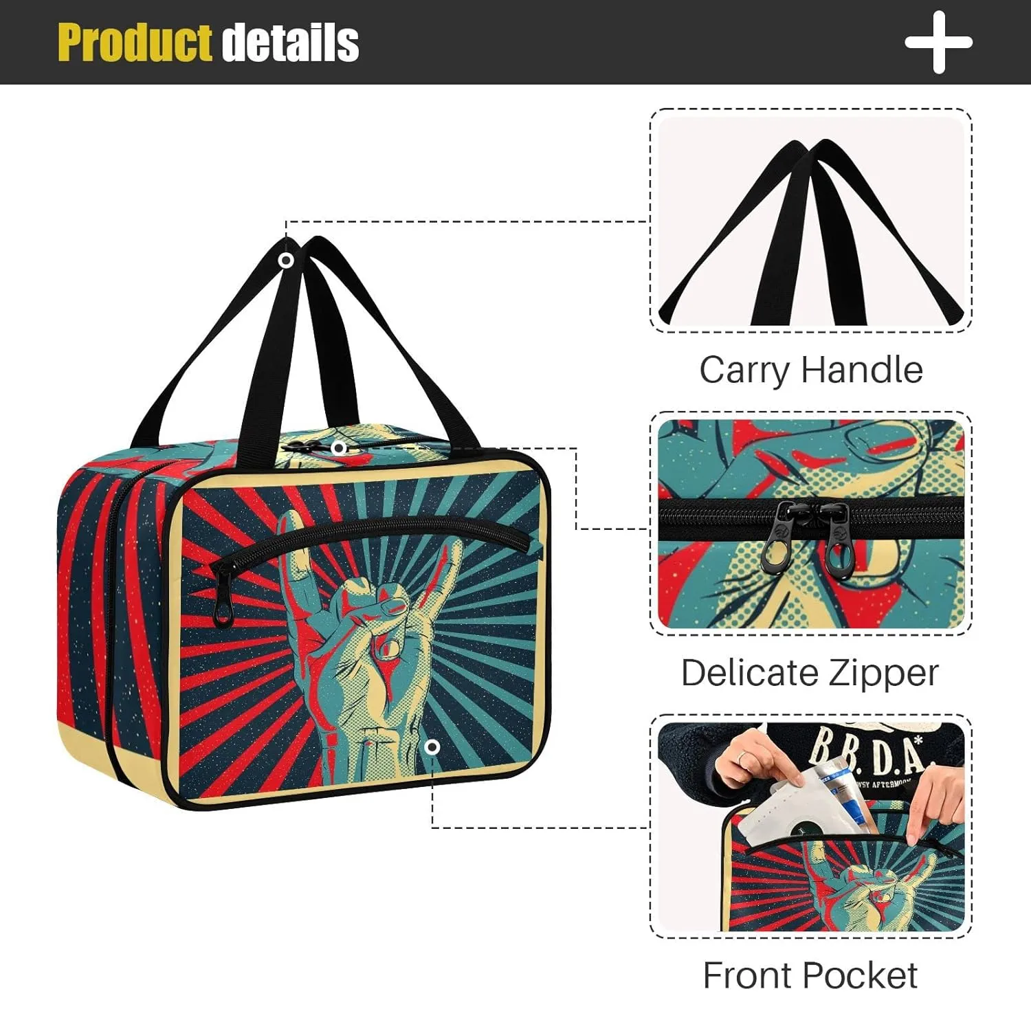 Human Hand Rock and Roll Sign on Red Black Sunshine Lights 1 PC Hanging Travel Wash bag with Handles, Portable Makeup Organizer Brush Storage Case Portable Travel Cosmetic with Hook L