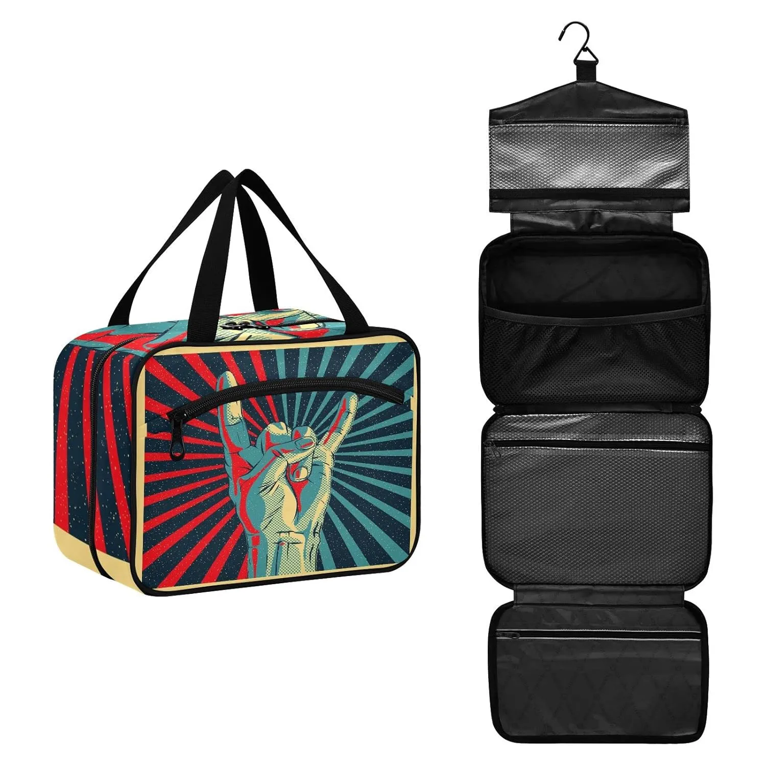 Human Hand Rock and Roll Sign on Red Black Sunshine Lights 1 PC Hanging Travel Wash bag with Handles, Portable Makeup Organizer Brush Storage Case Portable Travel Cosmetic with Hook L