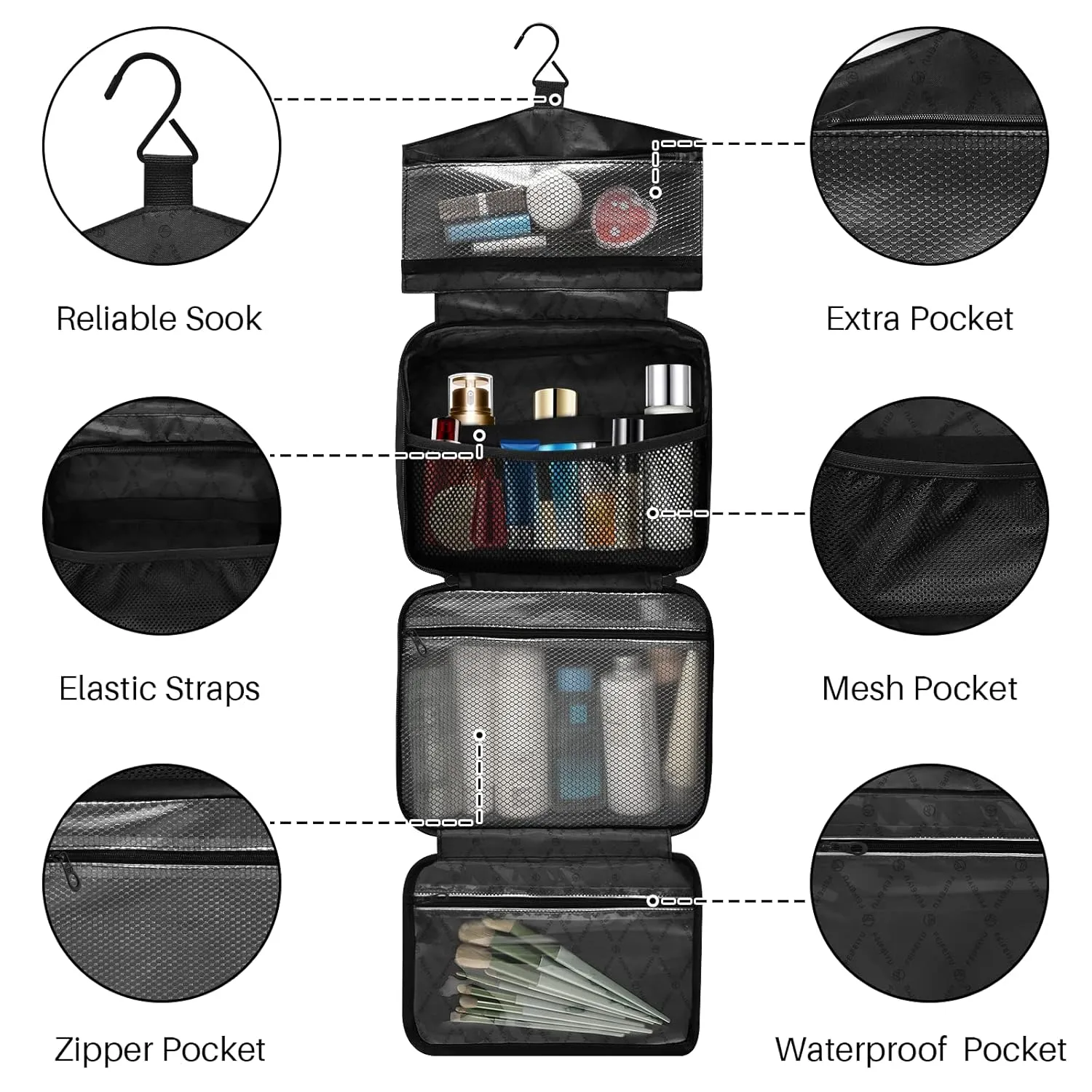 Human Hand Rock and Roll Sign on Red Black Sunshine Lights 1 PC Hanging Travel Wash bag with Handles, Portable Makeup Organizer Brush Storage Case Portable Travel Cosmetic with Hook L