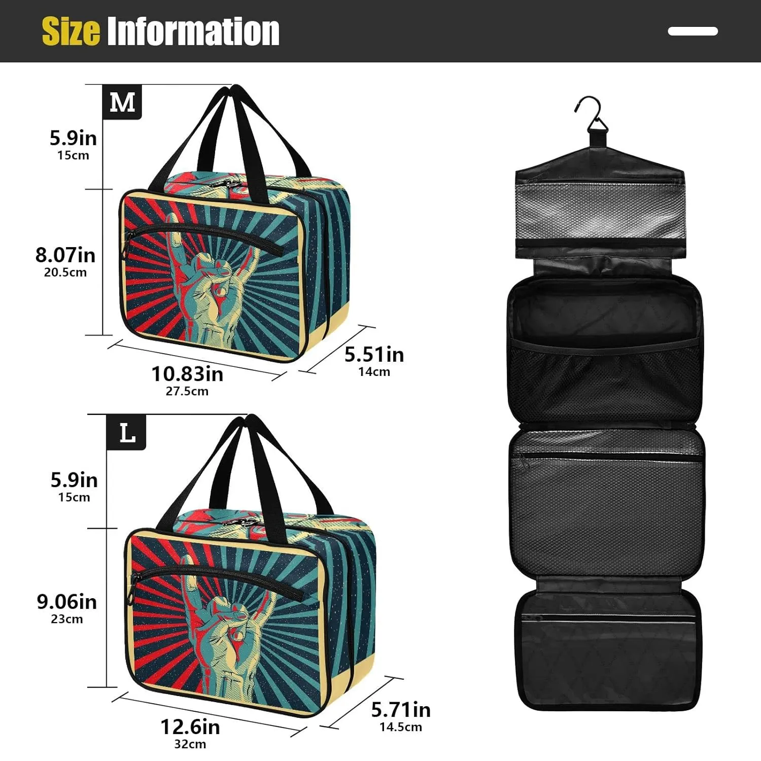 Human Hand Rock and Roll Sign on Red Black Sunshine Lights 1 PC Hanging Travel Wash bag with Handles, Portable Makeup Organizer Brush Storage Case Portable Travel Cosmetic with Hook L