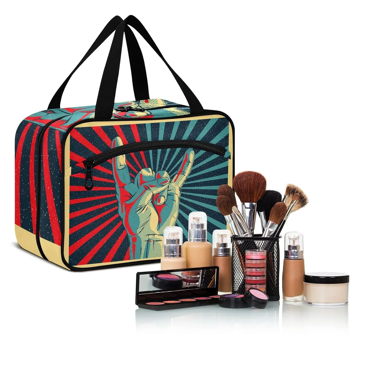Human Hand Rock and Roll Sign on Red Black Sunshine Lights 1 PC Hanging Travel Wash bag with Handles, Portable Makeup Organizer Brush Storage Case Portable Travel Cosmetic with Hook L