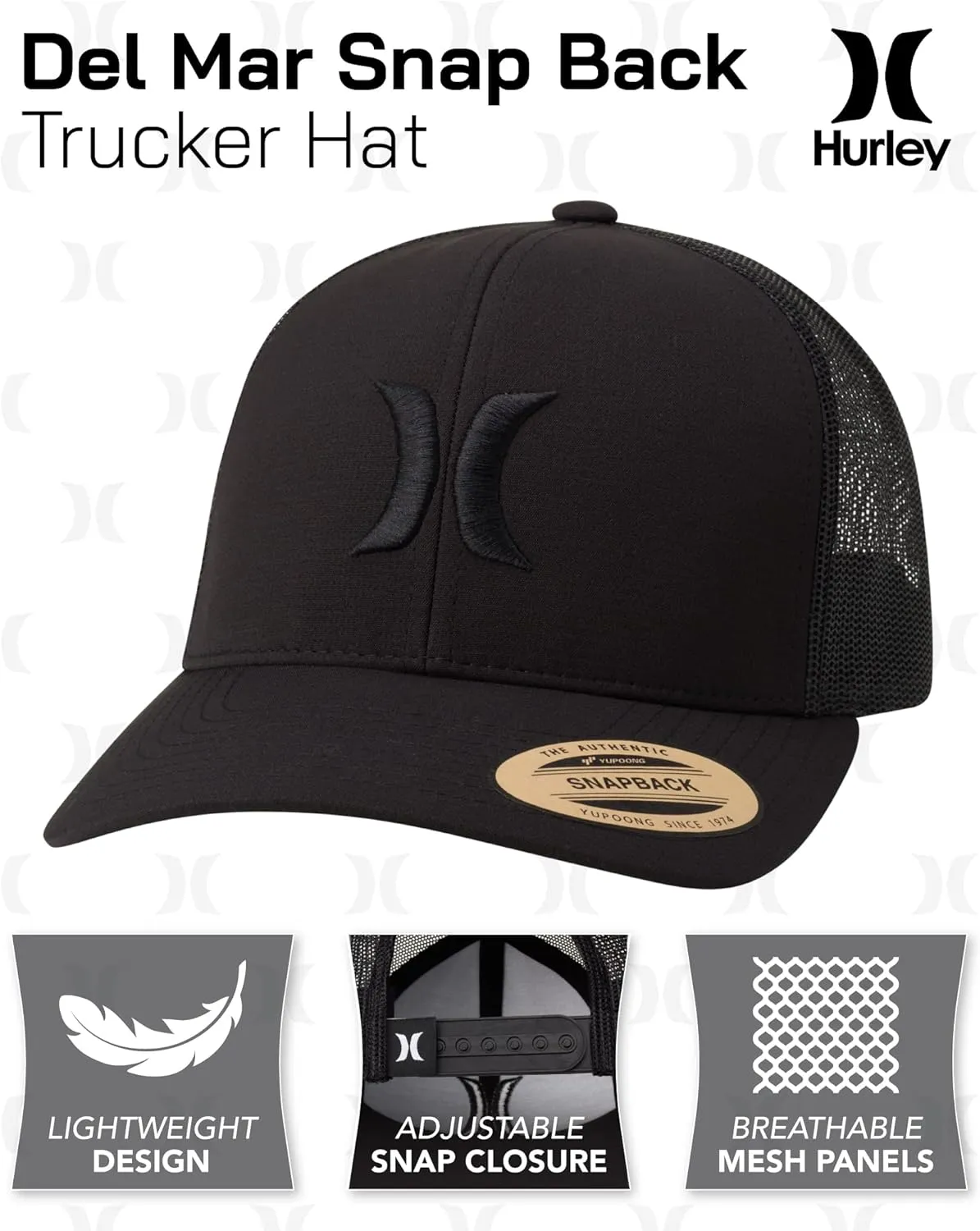 Hurley Men's Caps - Del Mar Mesh Panel Baseball Cap Trucker Hat - Snap Back Hats for Men