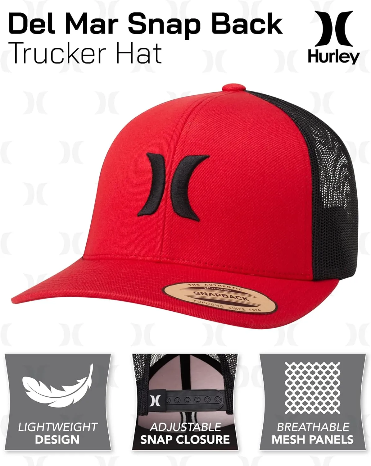 Hurley Men's Caps - Del Mar Mesh Panel Baseball Cap Trucker Hat - Snap Back Hats for Men
