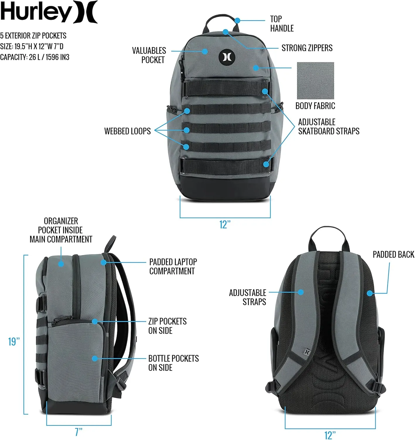 Hurley Mens Skateboard Backpack, Cool Grey, One Size