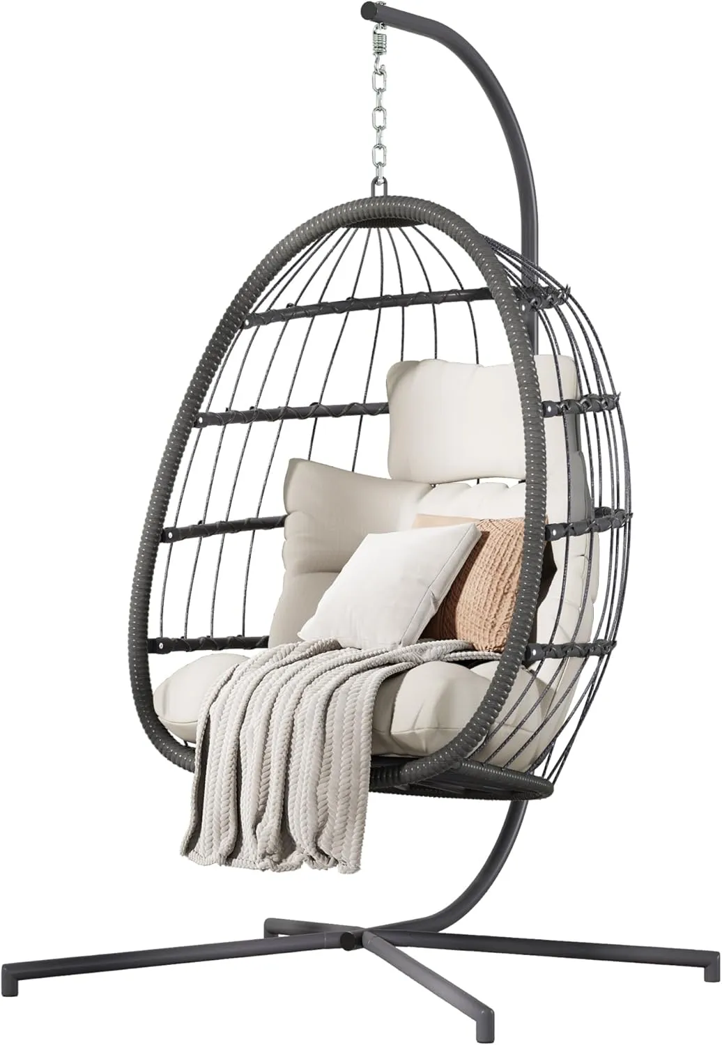 HWB Hanging Egg Chair with Stand, Patio Wicker Hammock Egg Swing Chair with Cushion for Bedroom Garden Indoor Outdoor (Beige)