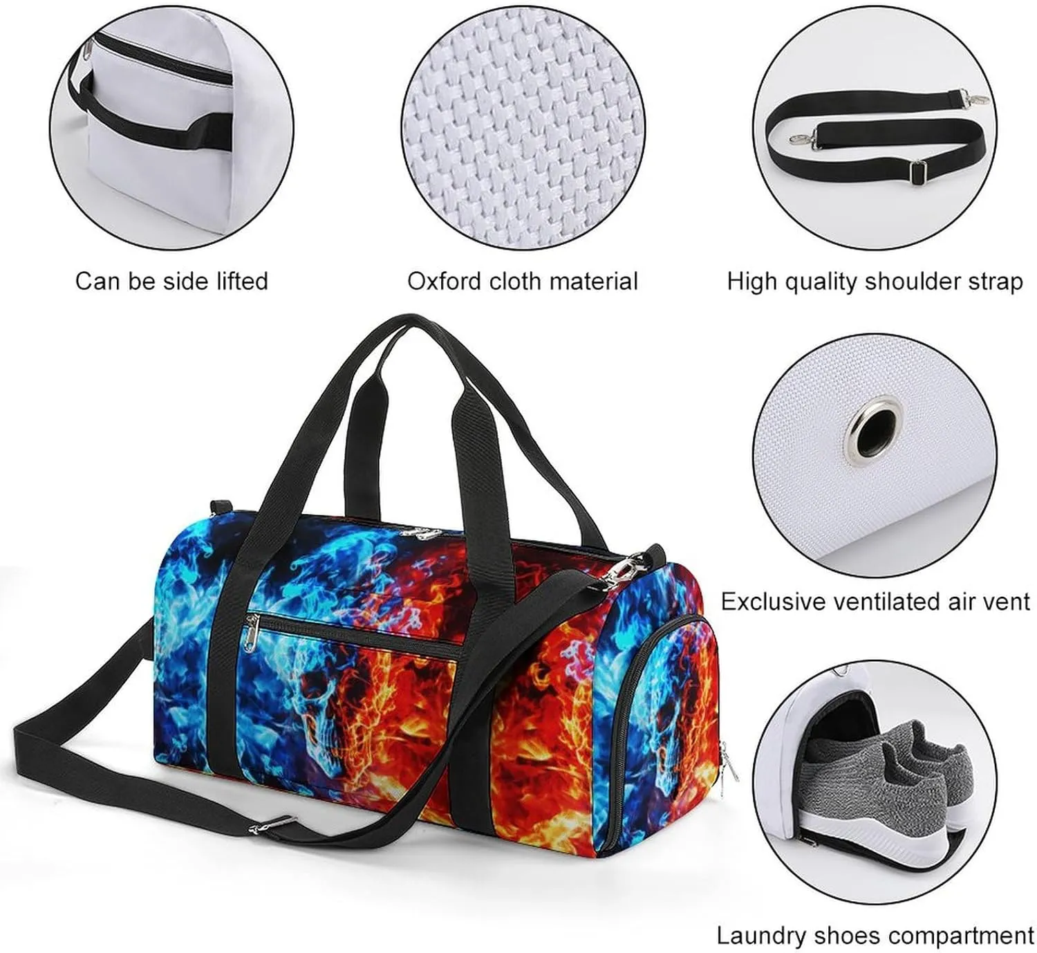 Ice and Fire Skull Sport Gym Duffle Travel Bag with Shoe Compartment,Wet Pocket for Men and Women