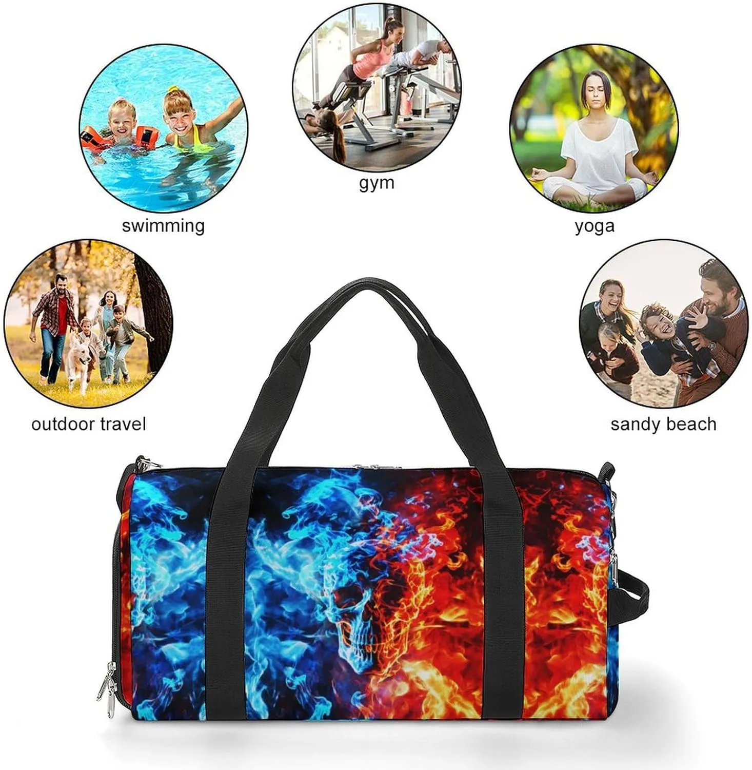 Ice and Fire Skull Sport Gym Duffle Travel Bag with Shoe Compartment,Wet Pocket for Men and Women