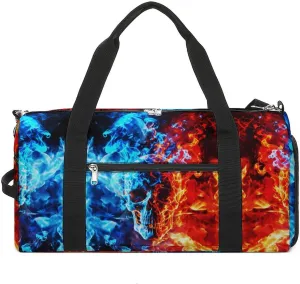 Ice and Fire Skull Sport Gym Duffle Travel Bag with Shoe Compartment,Wet Pocket for Men and Women