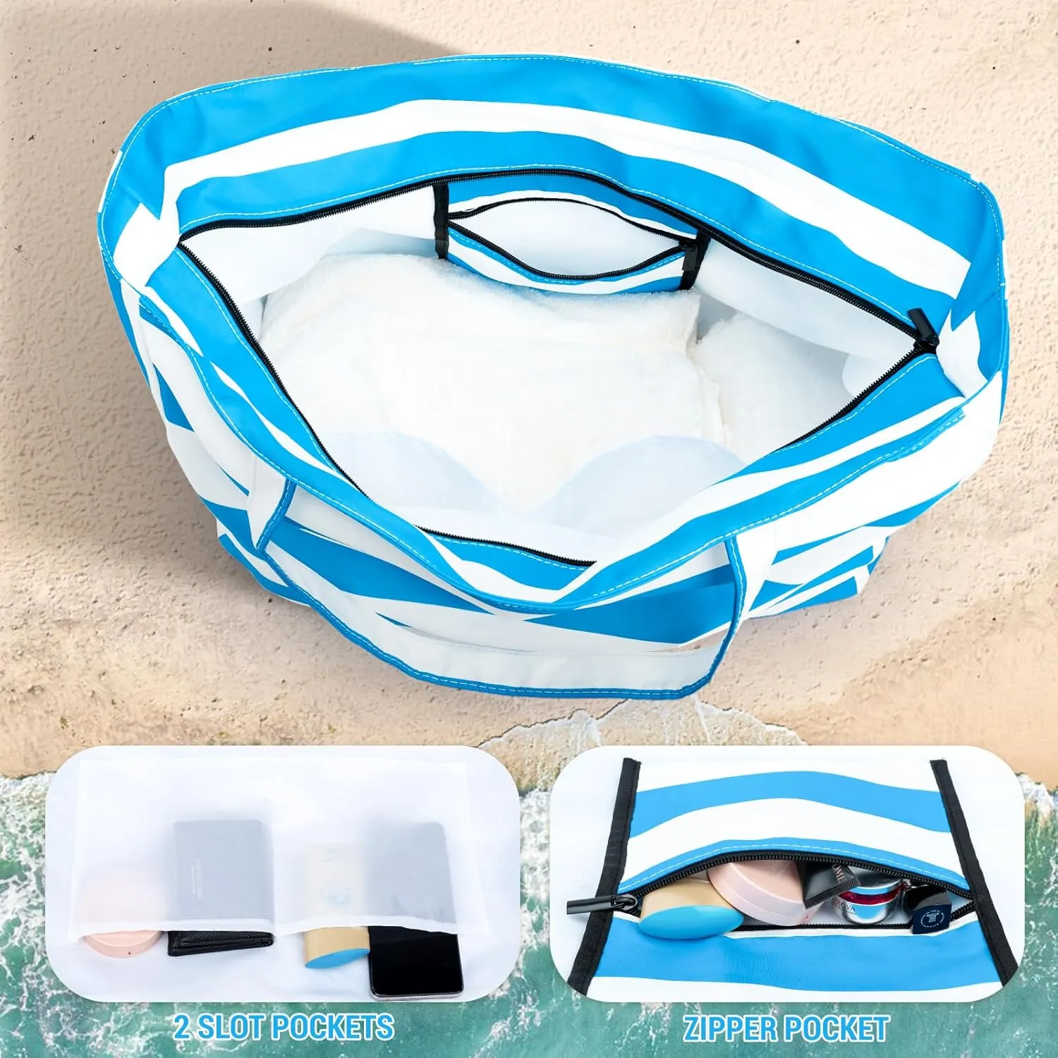 Iioscre Beach Bag for Women,Waterproof Beach Tote with Zipper and Pocket, Sandproof Large Swim Pool Bag for Travel