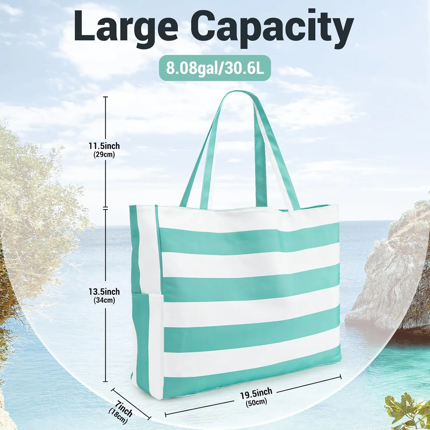 Iioscre Beach Bag for Women,Waterproof Beach Tote with Zipper and Pocket, Sandproof Large Swim Pool Bag for Travel