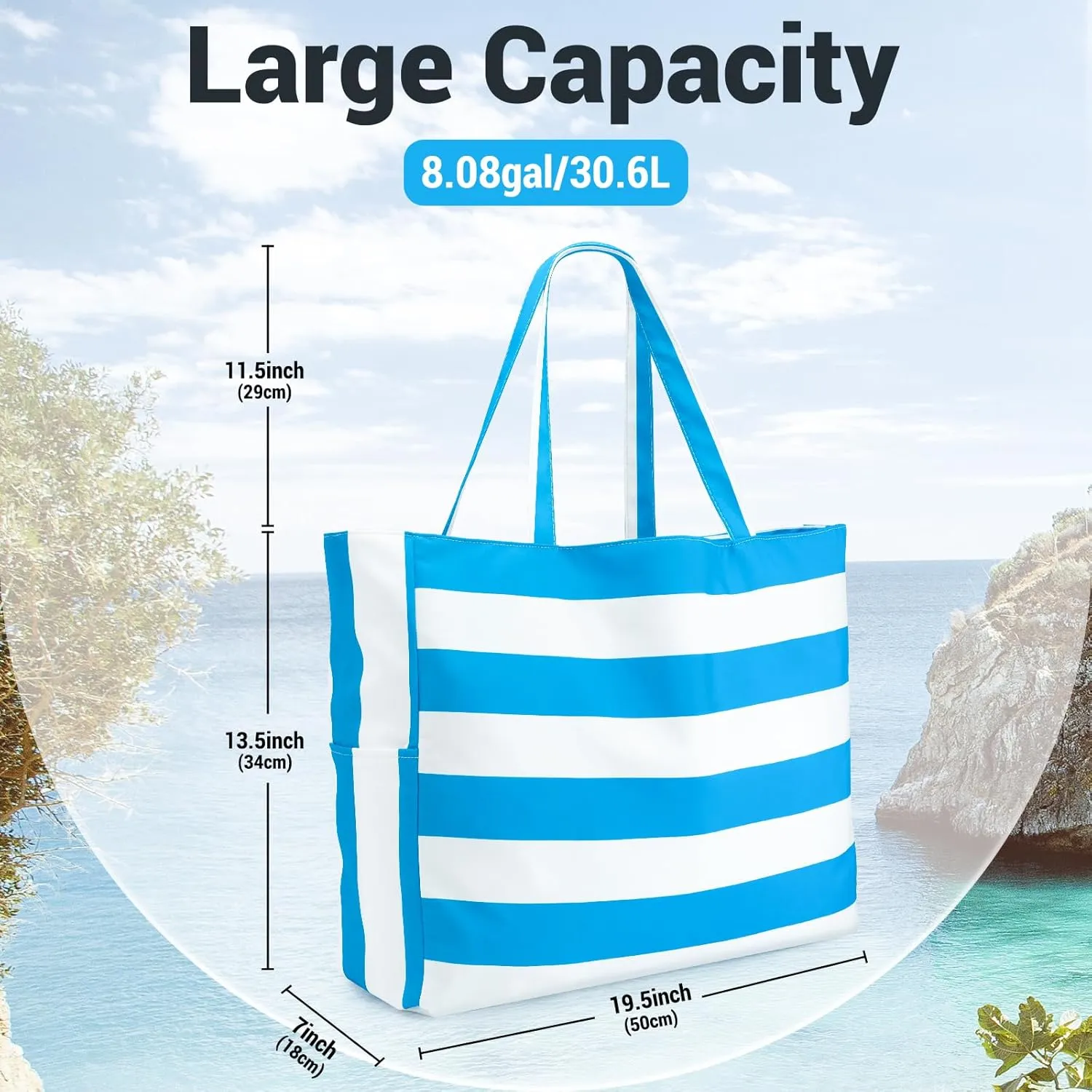Iioscre Beach Bag for Women,Waterproof Beach Tote with Zipper and Pocket, Sandproof Large Swim Pool Bag for Travel