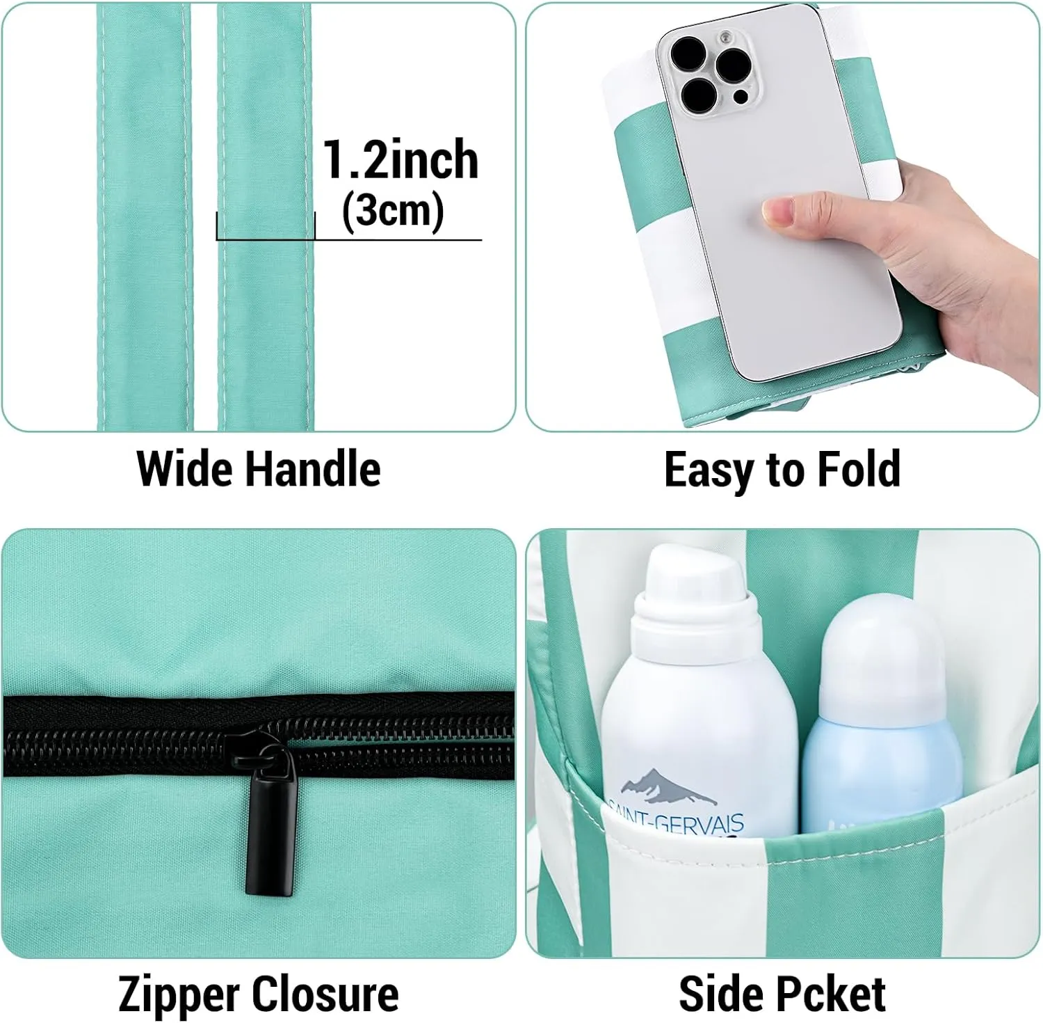 Iioscre Beach Bag for Women,Waterproof Beach Tote with Zipper and Pocket, Sandproof Large Swim Pool Bag for Travel