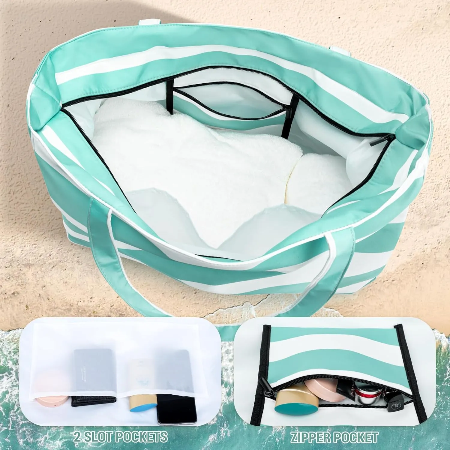 Iioscre Beach Bag for Women,Waterproof Beach Tote with Zipper and Pocket, Sandproof Large Swim Pool Bag for Travel