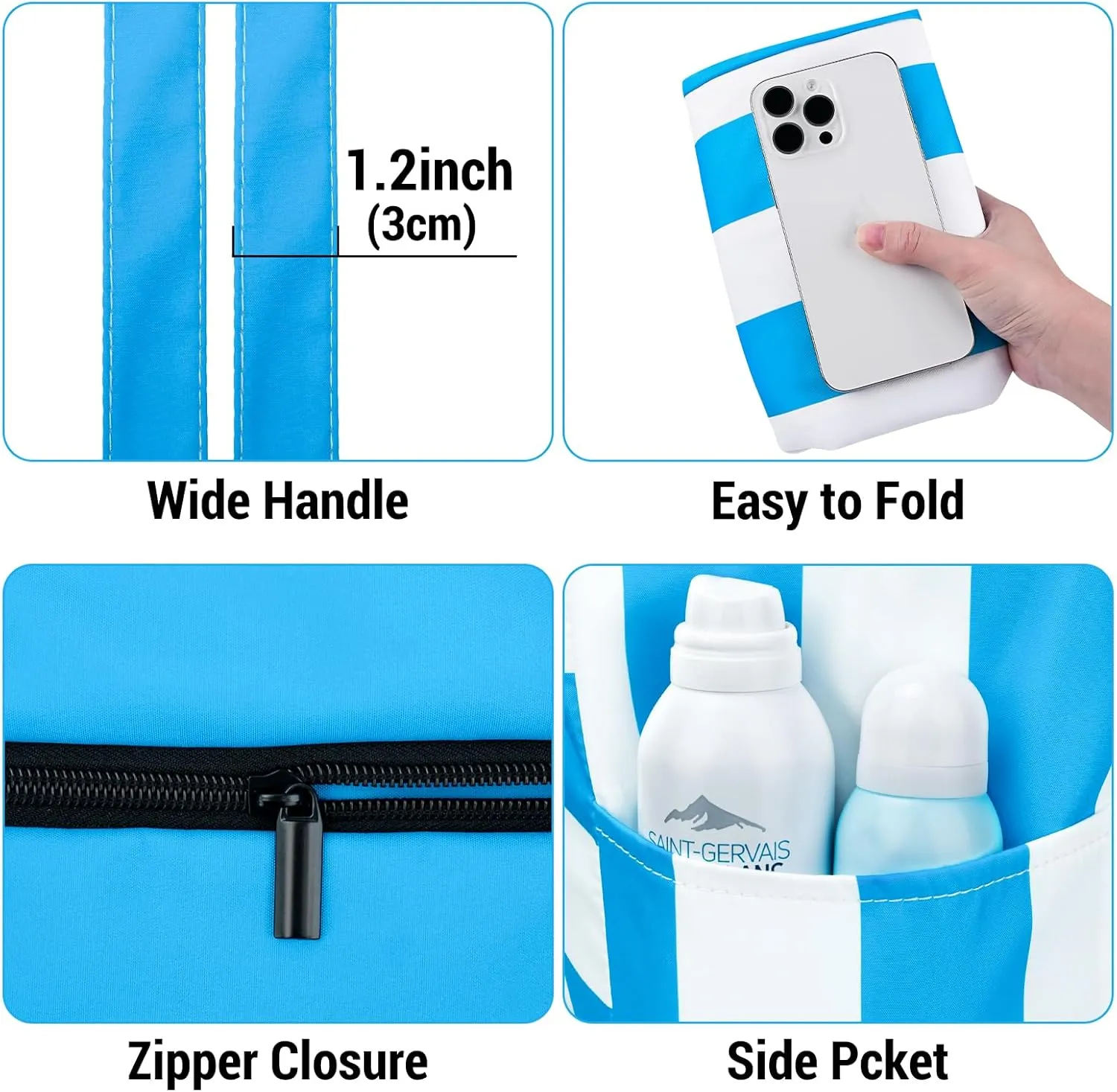 Iioscre Beach Bag for Women,Waterproof Beach Tote with Zipper and Pocket, Sandproof Large Swim Pool Bag for Travel