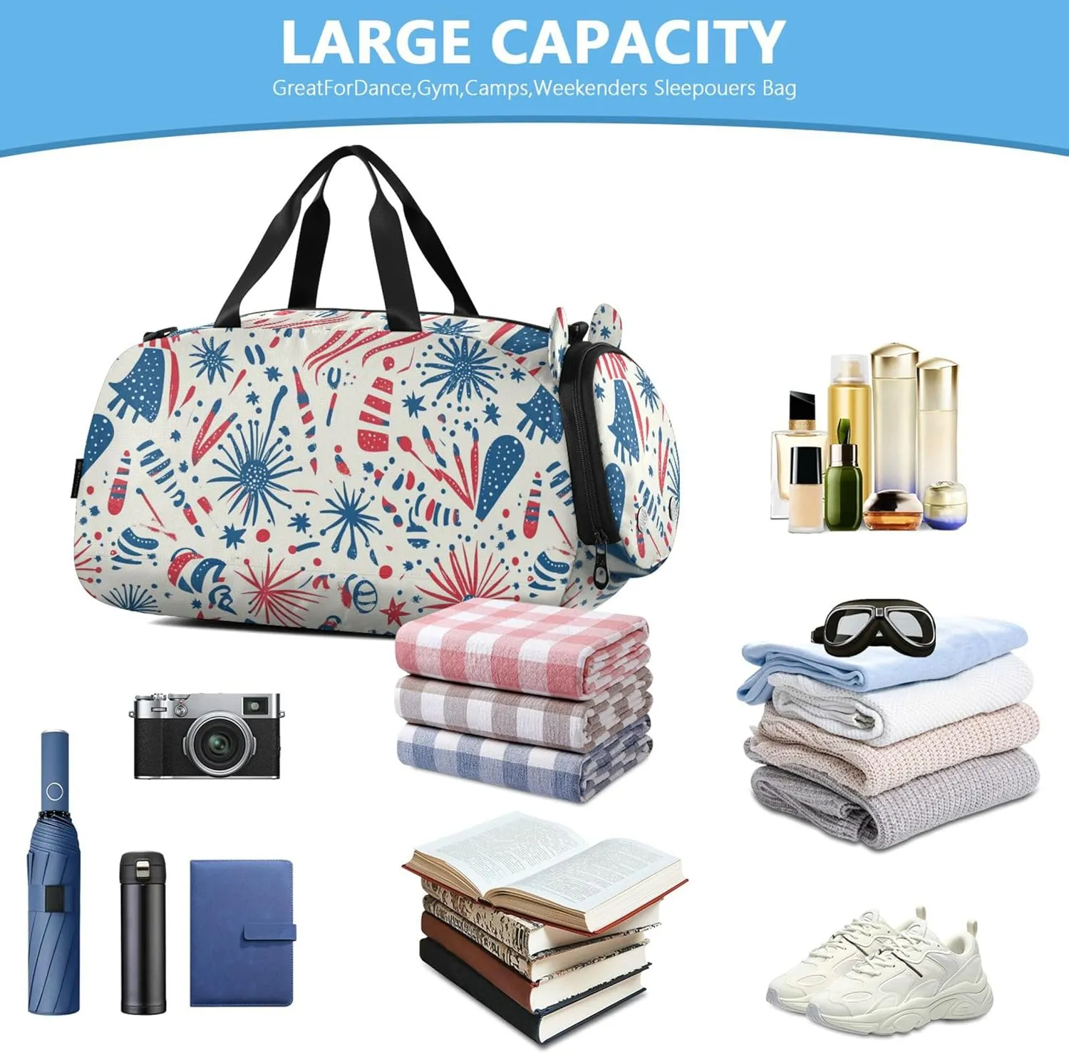 Indenpendence Day Small Gym Bag with Shoes Compartment Large Capacity Weekend Travel Bag for School Practice, Sports, Travel
