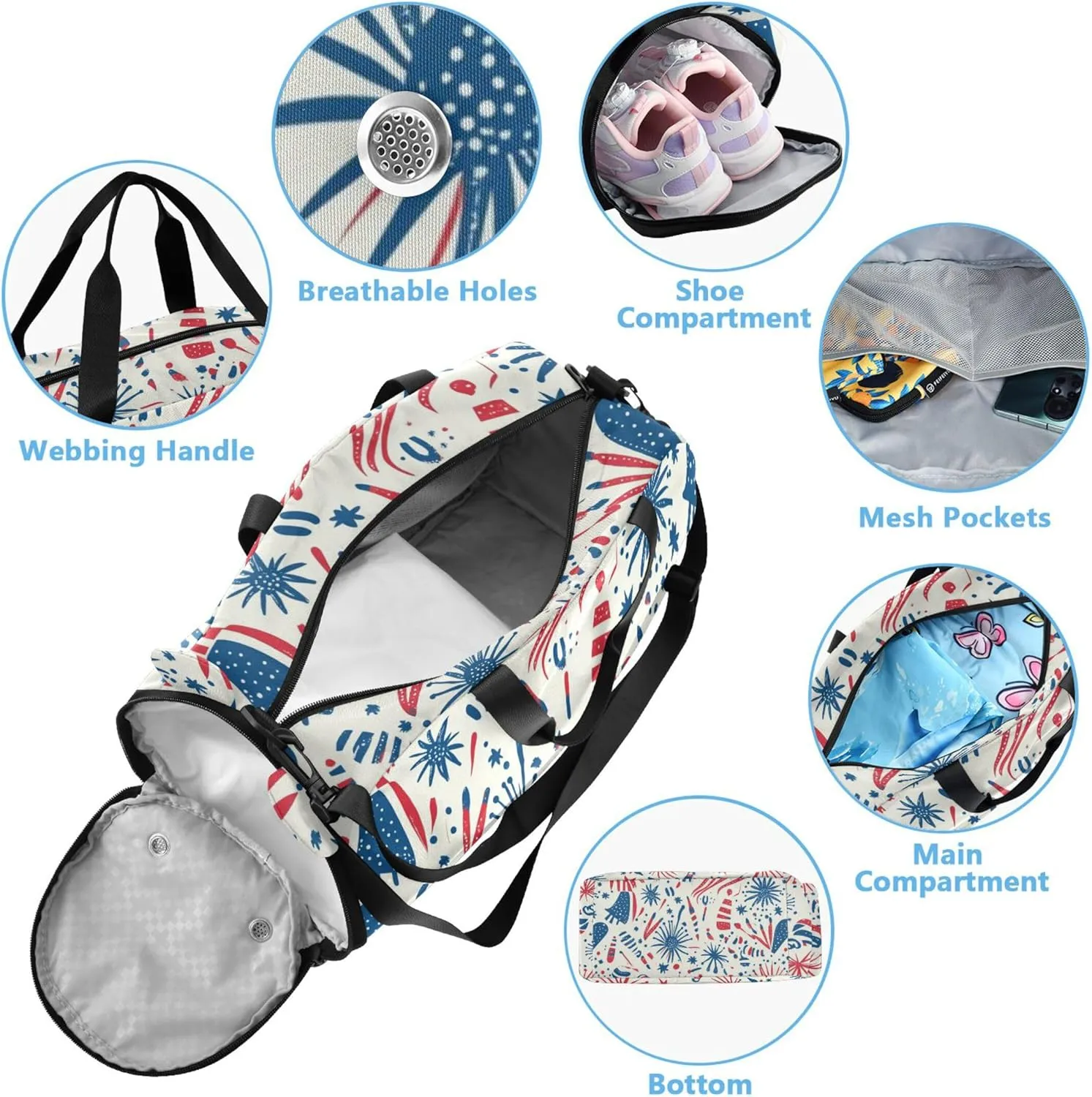 Indenpendence Day Small Gym Bag with Shoes Compartment Large Capacity Weekend Travel Bag for School Practice, Sports, Travel
