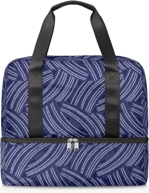 Indigo Block Print Travel Bag Double Tier Zip Closure Weekender Bag with Leather Handle Waterproof Sports Tote Gym Bag for Swim Beach Gym Yoga