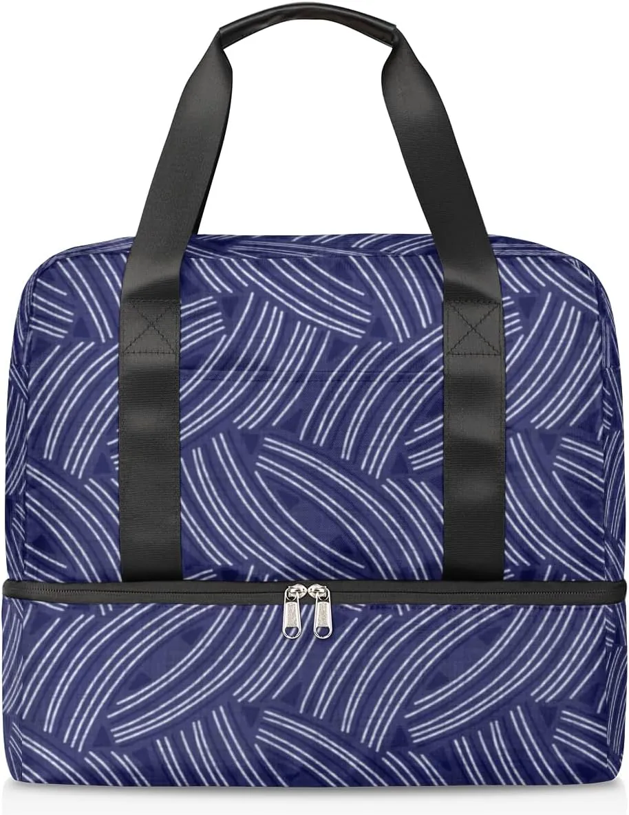 Indigo Block Print Travel Bag Double Tier Zip Closure Weekender Bag with Leather Handle Waterproof Sports Tote Gym Bag for Swim Beach Gym Yoga
