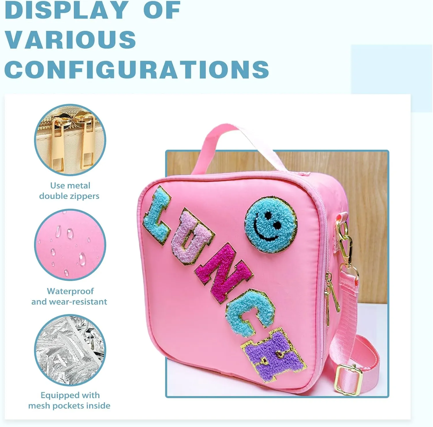 Insulated Teen Lunch Bag With Adjustable Shoulder Strap Lunch Box Kids For Girls Women Boys Nylon Large Reusable Lunch box Bags For School Work Picnic（Pink）