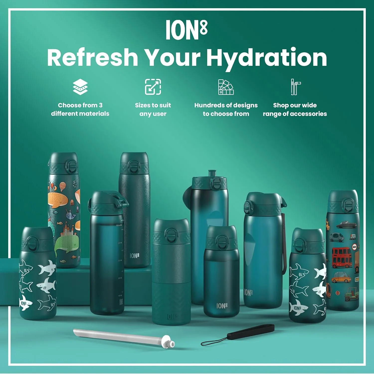 Ion8 Water Bottle, 500 ml/18 oz, Leak Proof, Easy to Open, Secure Lock, Dishwasher Safe, BPA Free, Hygienic Flip Cover, Carry Handle, Fits Cup Holders, Easy Clean, Odor Free, Carbon Neutral