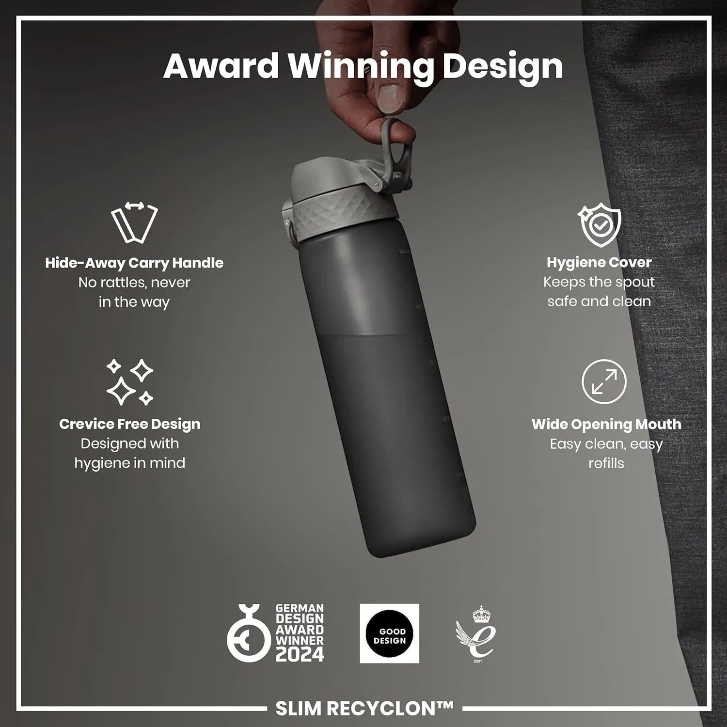Ion8 Water Bottle, 500 ml/18 oz, Leak Proof, Easy to Open, Secure Lock, Dishwasher Safe, BPA Free, Hygienic Flip Cover, Carry Handle, Fits Cup Holders, Easy Clean, Odor Free, Carbon Neutral