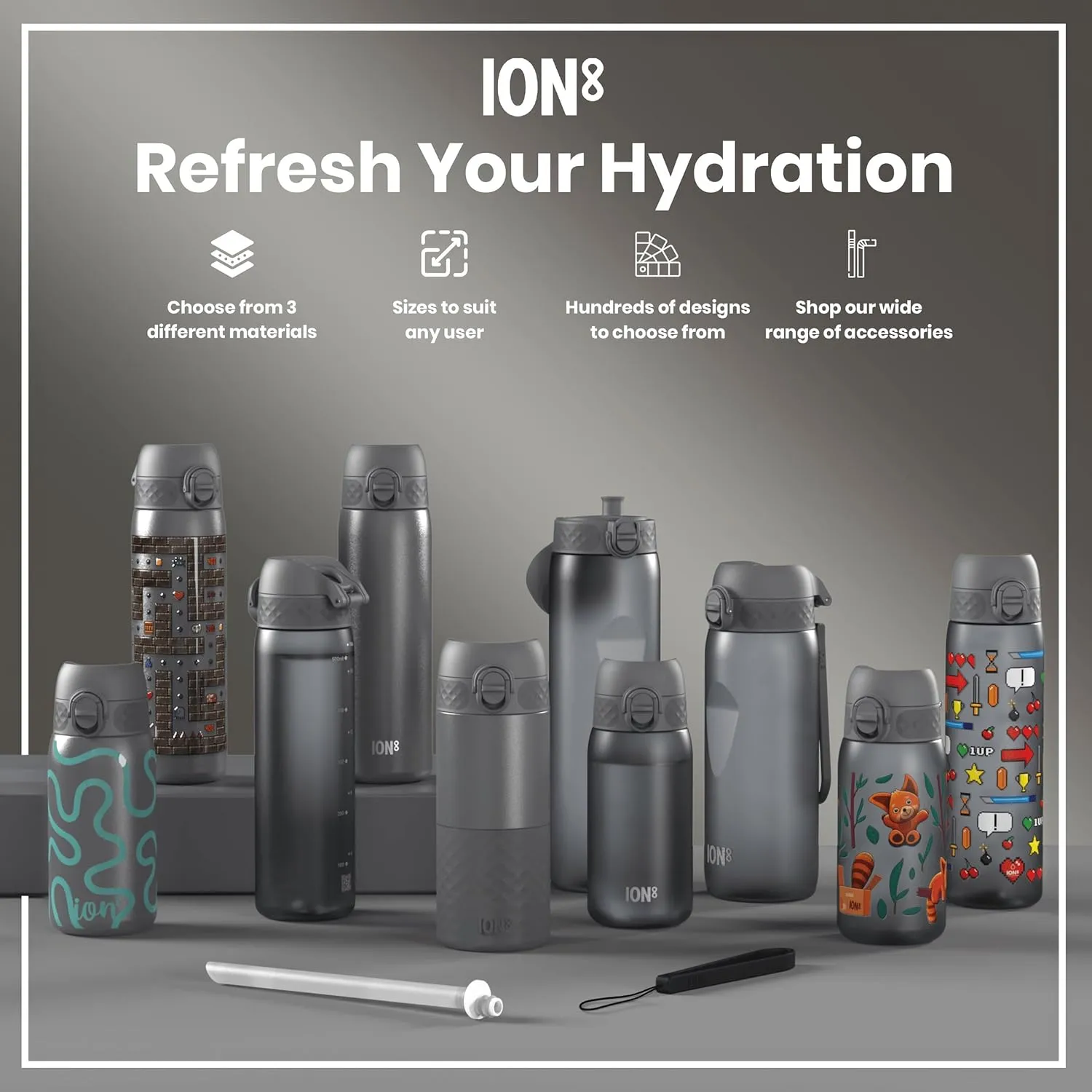 Ion8 Water Bottle, 500 ml/18 oz, Leak Proof, Easy to Open, Secure Lock, Dishwasher Safe, BPA Free, Hygienic Flip Cover, Carry Handle, Fits Cup Holders, Easy Clean, Odor Free, Carbon Neutral