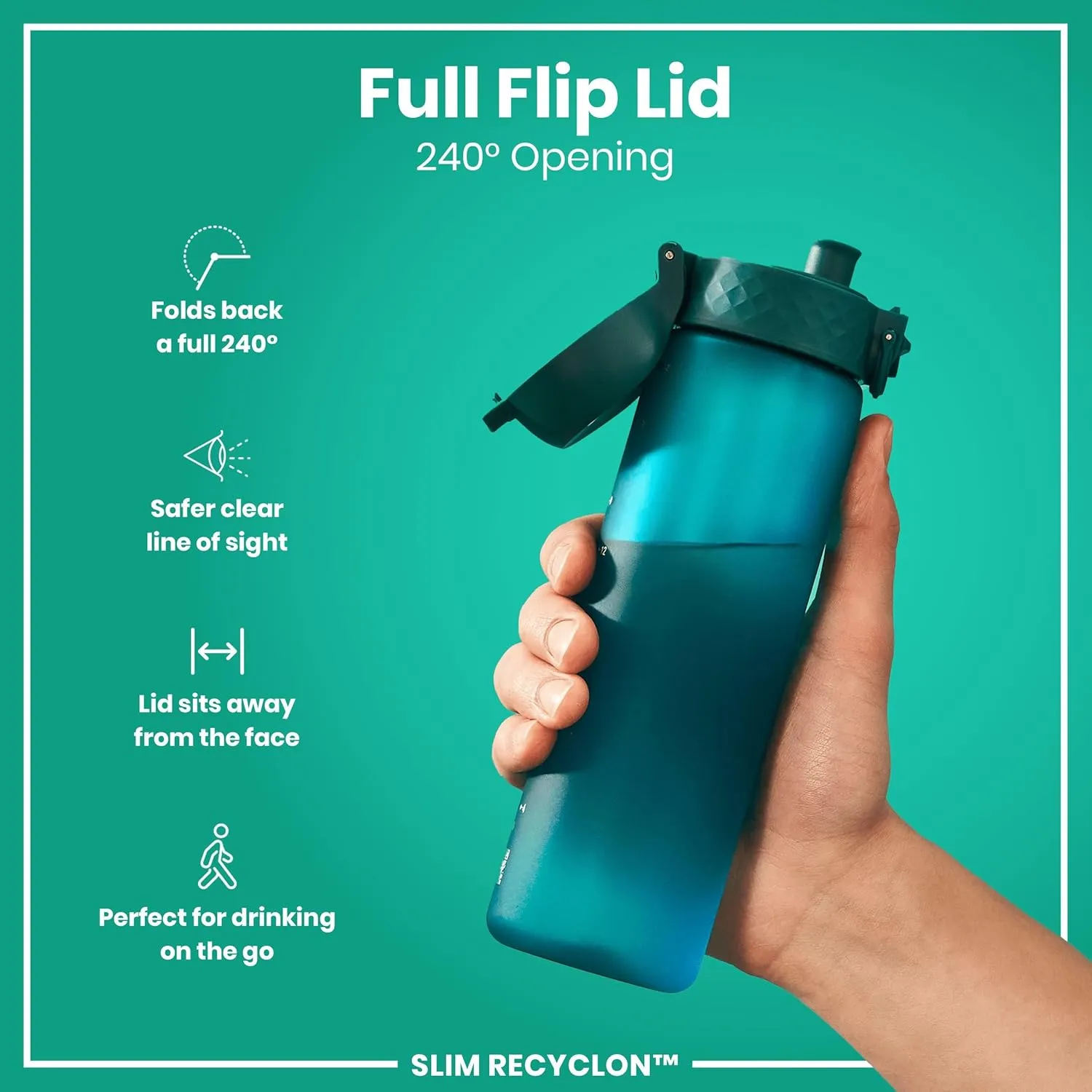 Ion8 Water Bottle, 500 ml/18 oz, Leak Proof, Easy to Open, Secure Lock, Dishwasher Safe, BPA Free, Hygienic Flip Cover, Carry Handle, Fits Cup Holders, Easy Clean, Odor Free, Carbon Neutral