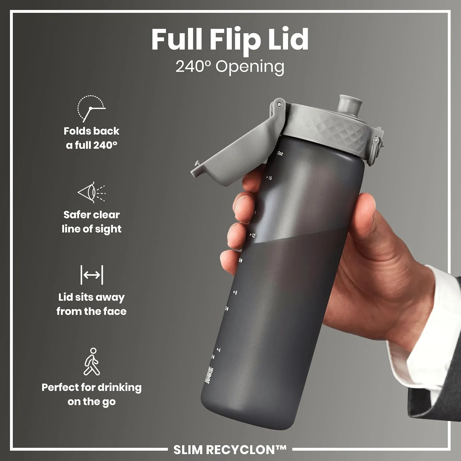 Ion8 Water Bottle, 500 ml/18 oz, Leak Proof, Easy to Open, Secure Lock, Dishwasher Safe, BPA Free, Hygienic Flip Cover, Carry Handle, Fits Cup Holders, Easy Clean, Odor Free, Carbon Neutral