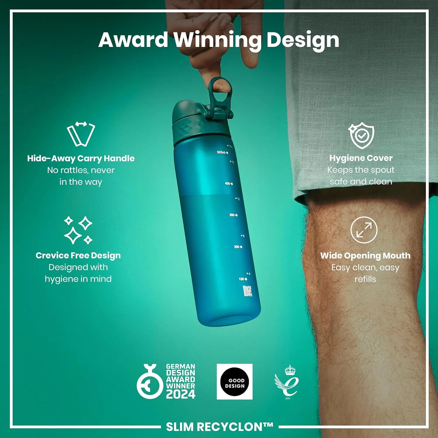 Ion8 Water Bottle, 500 ml/18 oz, Leak Proof, Easy to Open, Secure Lock, Dishwasher Safe, BPA Free, Hygienic Flip Cover, Carry Handle, Fits Cup Holders, Easy Clean, Odor Free, Carbon Neutral