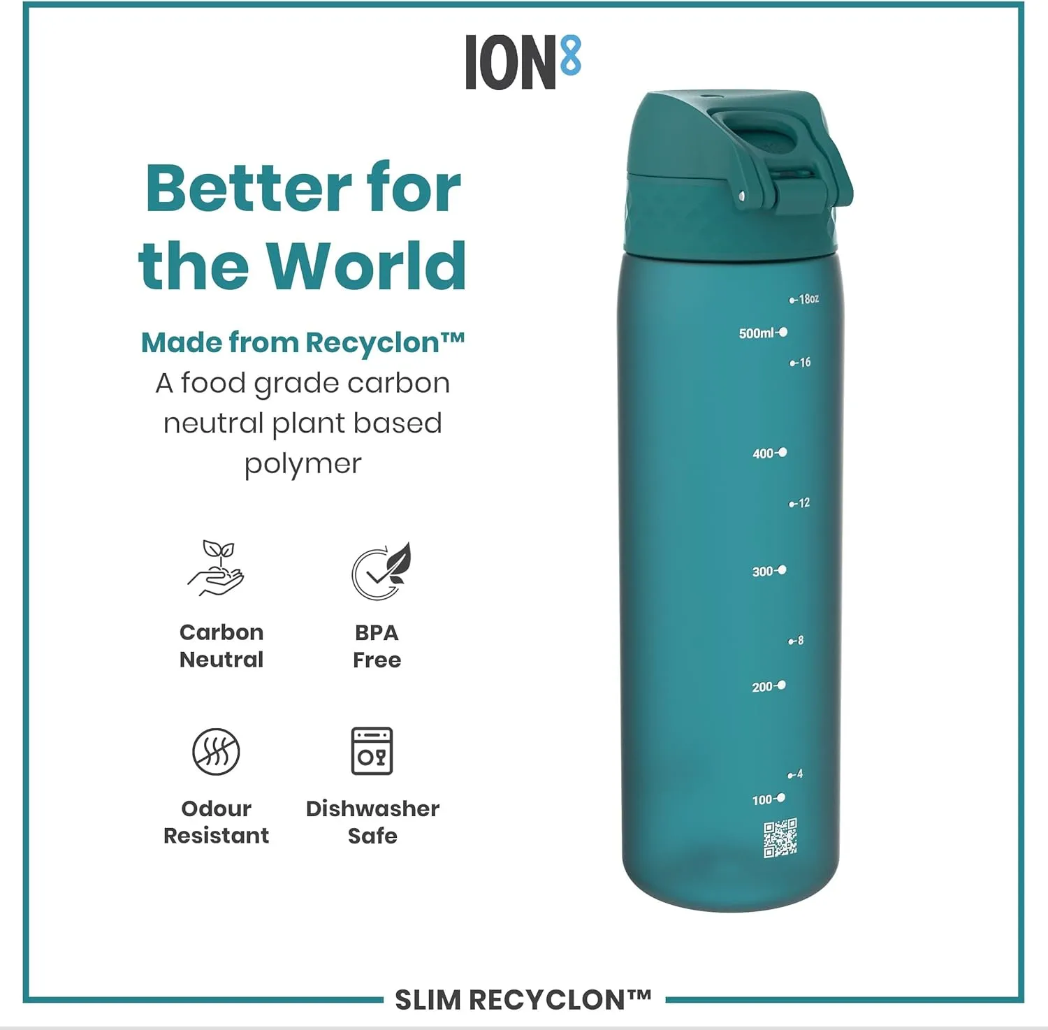 Ion8 Water Bottle, 500 ml/18 oz, Leak Proof, Easy to Open, Secure Lock, Dishwasher Safe, BPA Free, Hygienic Flip Cover, Carry Handle, Fits Cup Holders, Easy Clean, Odor Free, Carbon Neutral