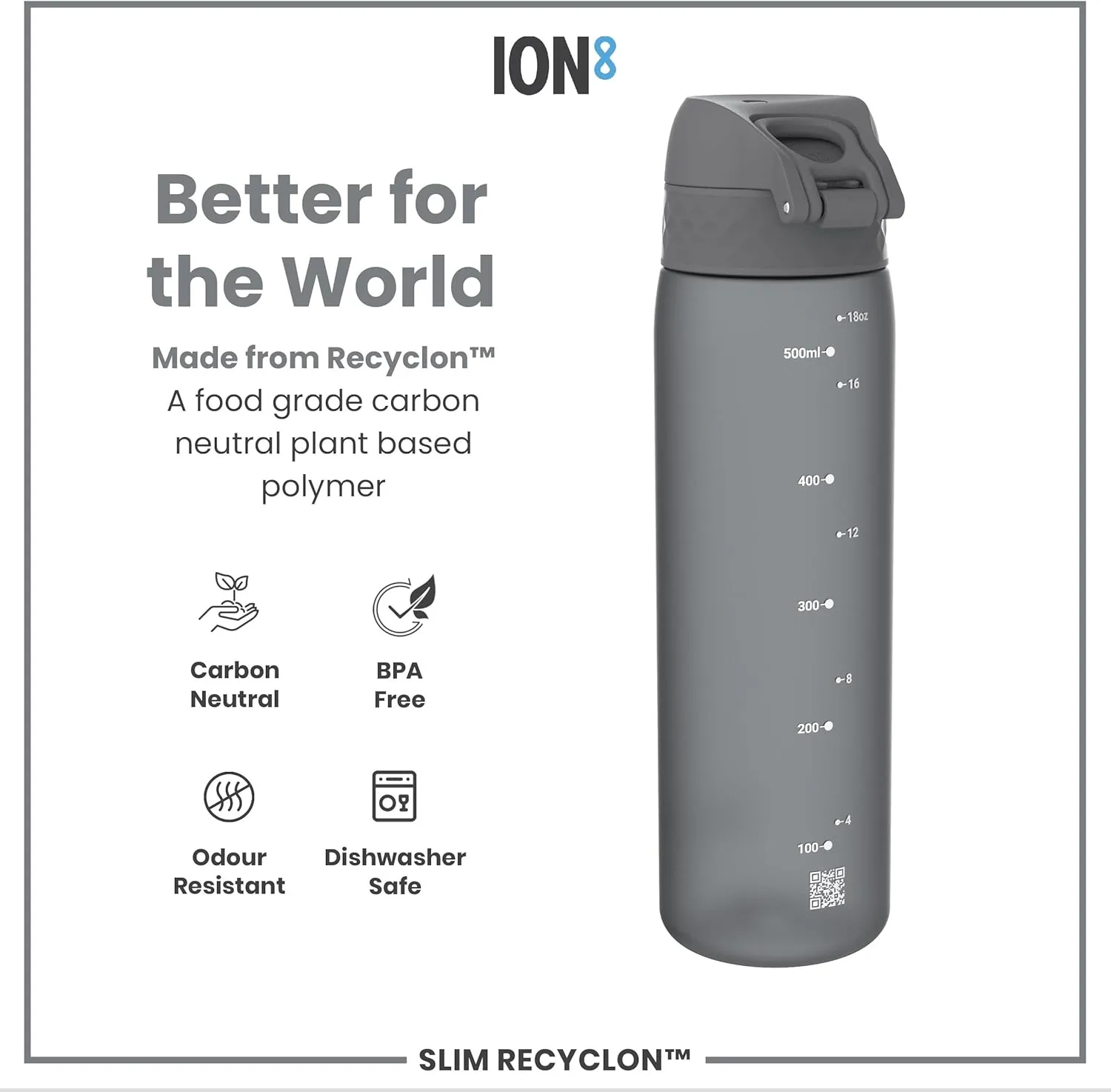 Ion8 Water Bottle, 500 ml/18 oz, Leak Proof, Easy to Open, Secure Lock, Dishwasher Safe, BPA Free, Hygienic Flip Cover, Carry Handle, Fits Cup Holders, Easy Clean, Odor Free, Carbon Neutral